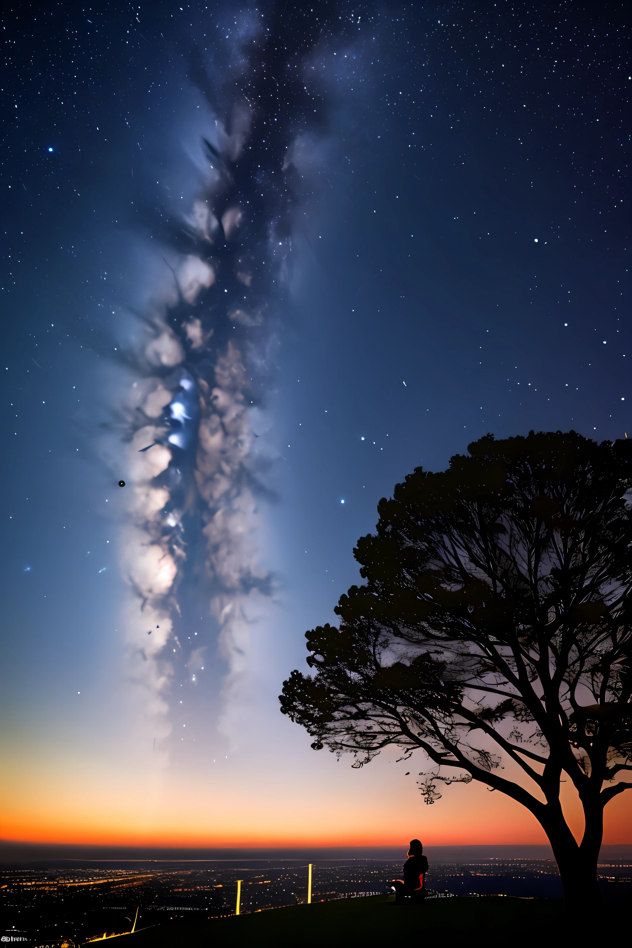 sky, star, landscape, starry sky, night, only child, night sky, solo, outdoor, signature, building, clouds, milky way, sitting, tree, long hair, city, silhouette, cityscape