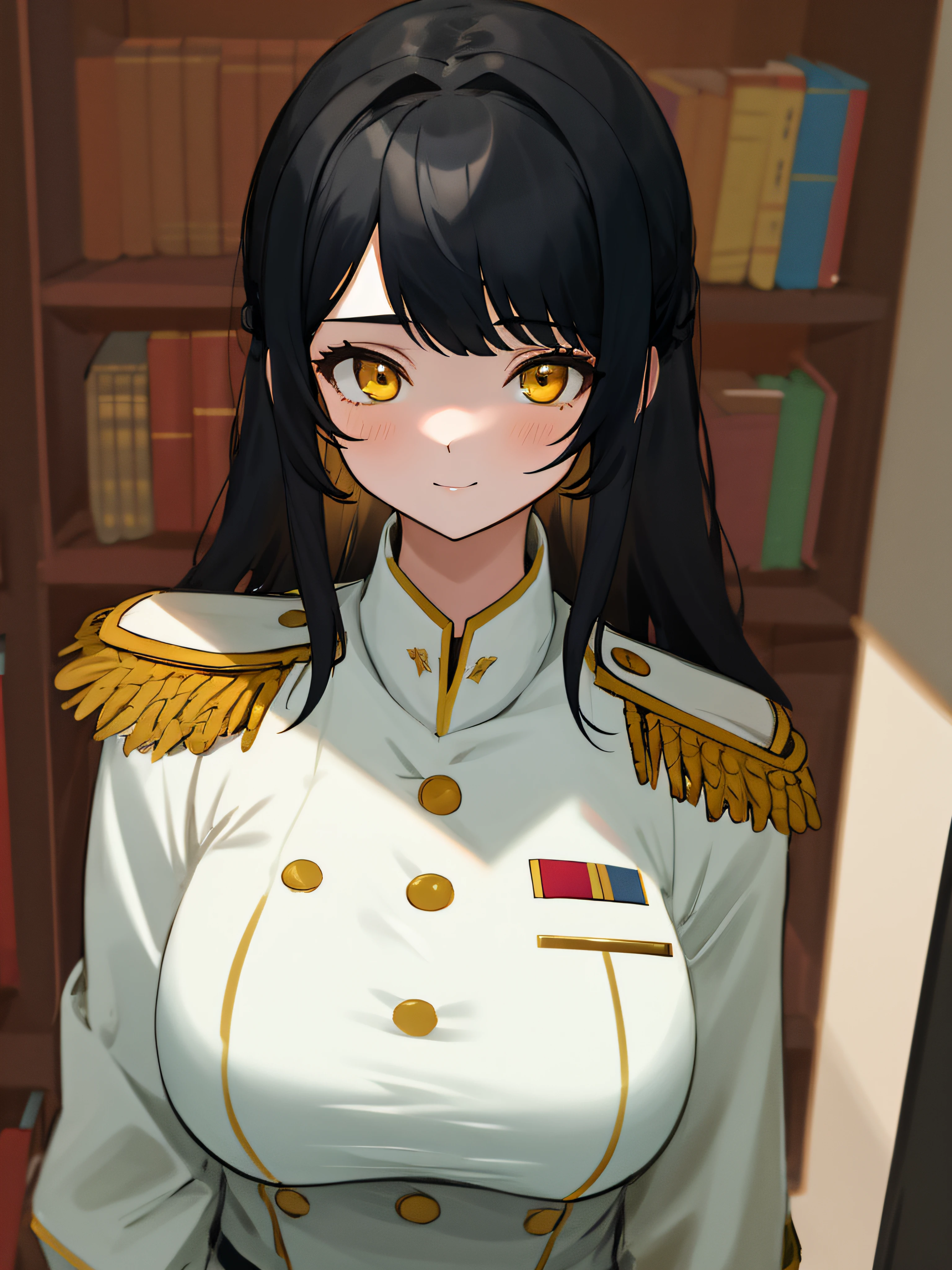 (masterpiece, best quality, absurdres), 1girl, solo, solofocus, black hair, long hair, yellow eyes, adult, super closeup, indoors, military general uniform, white uniform, epaulettes, military badges, office, bookshelf, large breasts