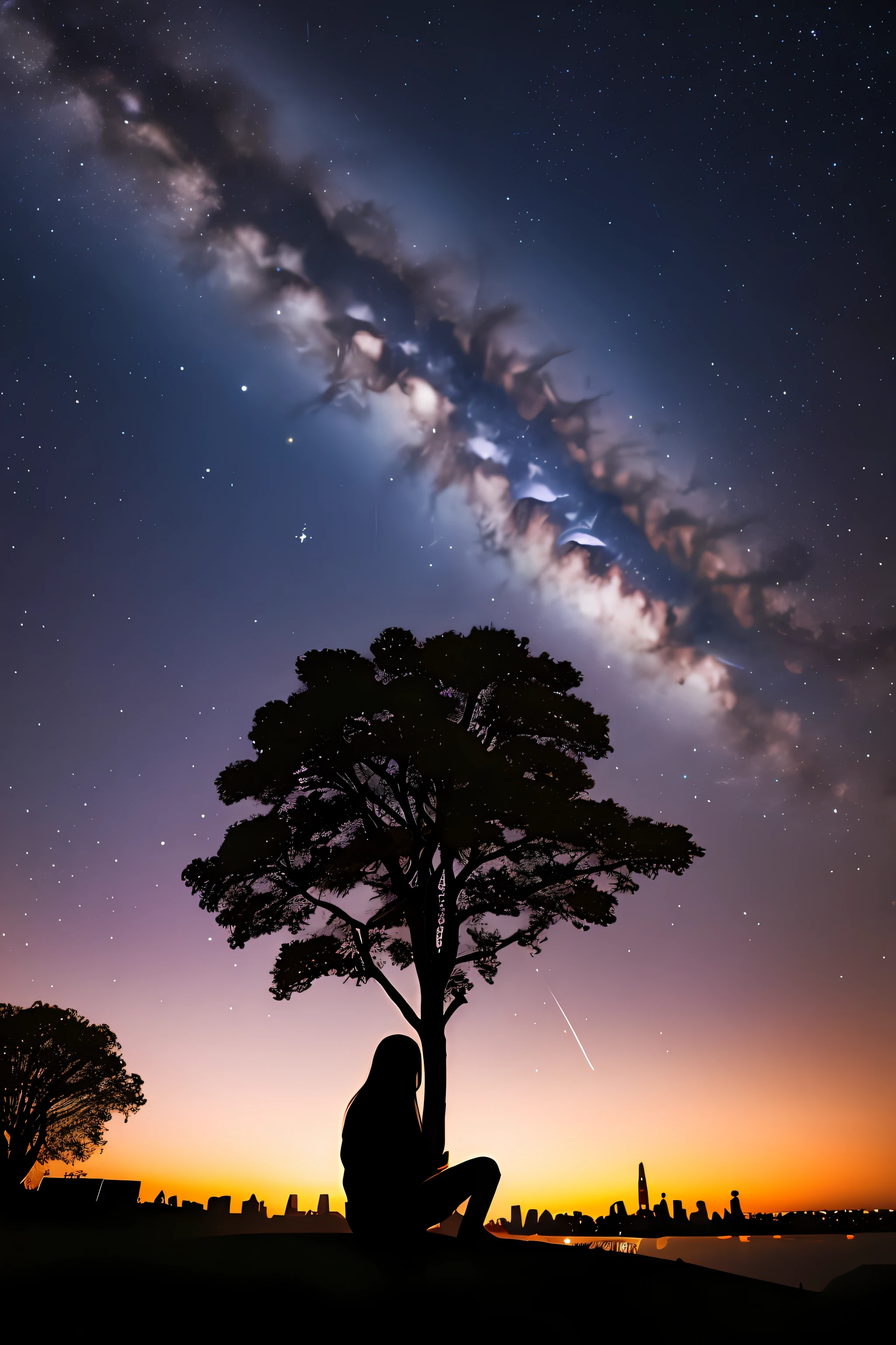 sky, star, landscape, starry sky, night, , night sky, solo, outdoor, signature, building, clouds, milky way, sitting, tree, long hair, city, silhouette, cityscape