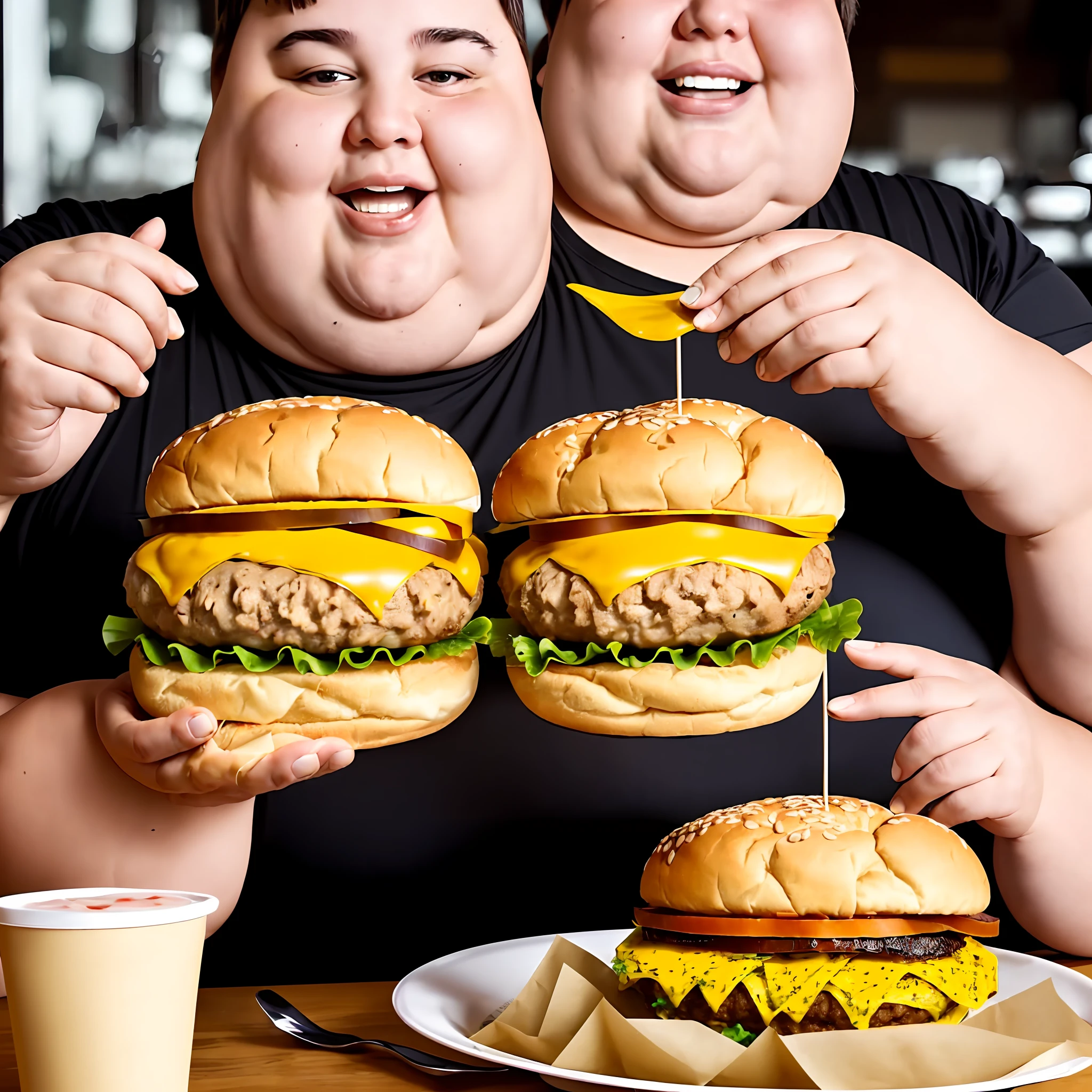 A fat woman eating a hamburger