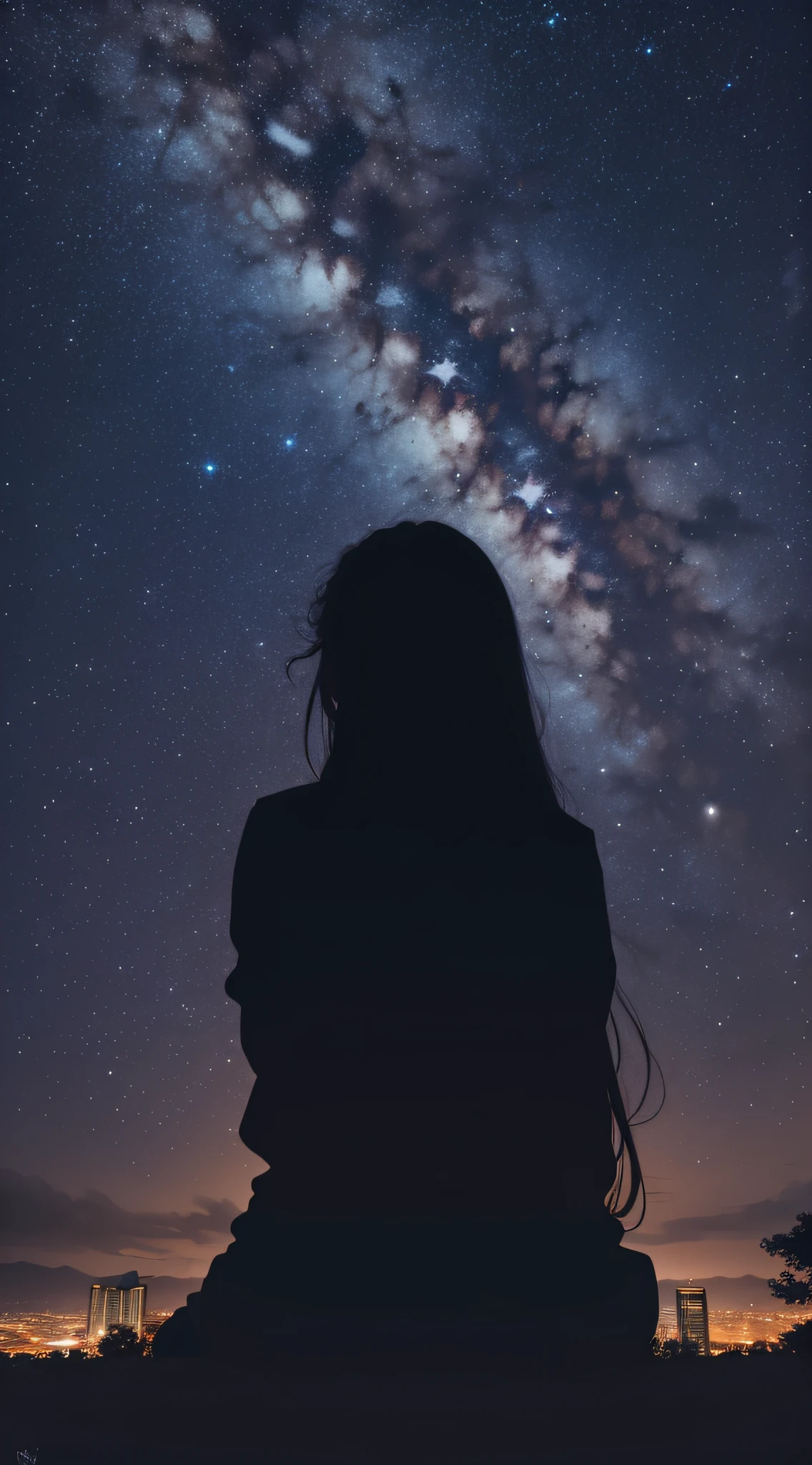A woman sitting on a hill looking at the stars - SeaArt AI