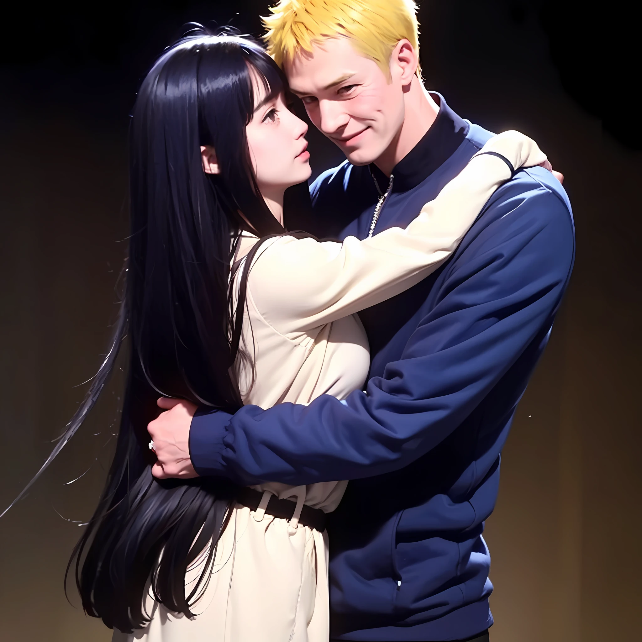 blonde man, dark blue hair girl, naruhina, hug, masterpiece, couple, standing, royalti, nobility