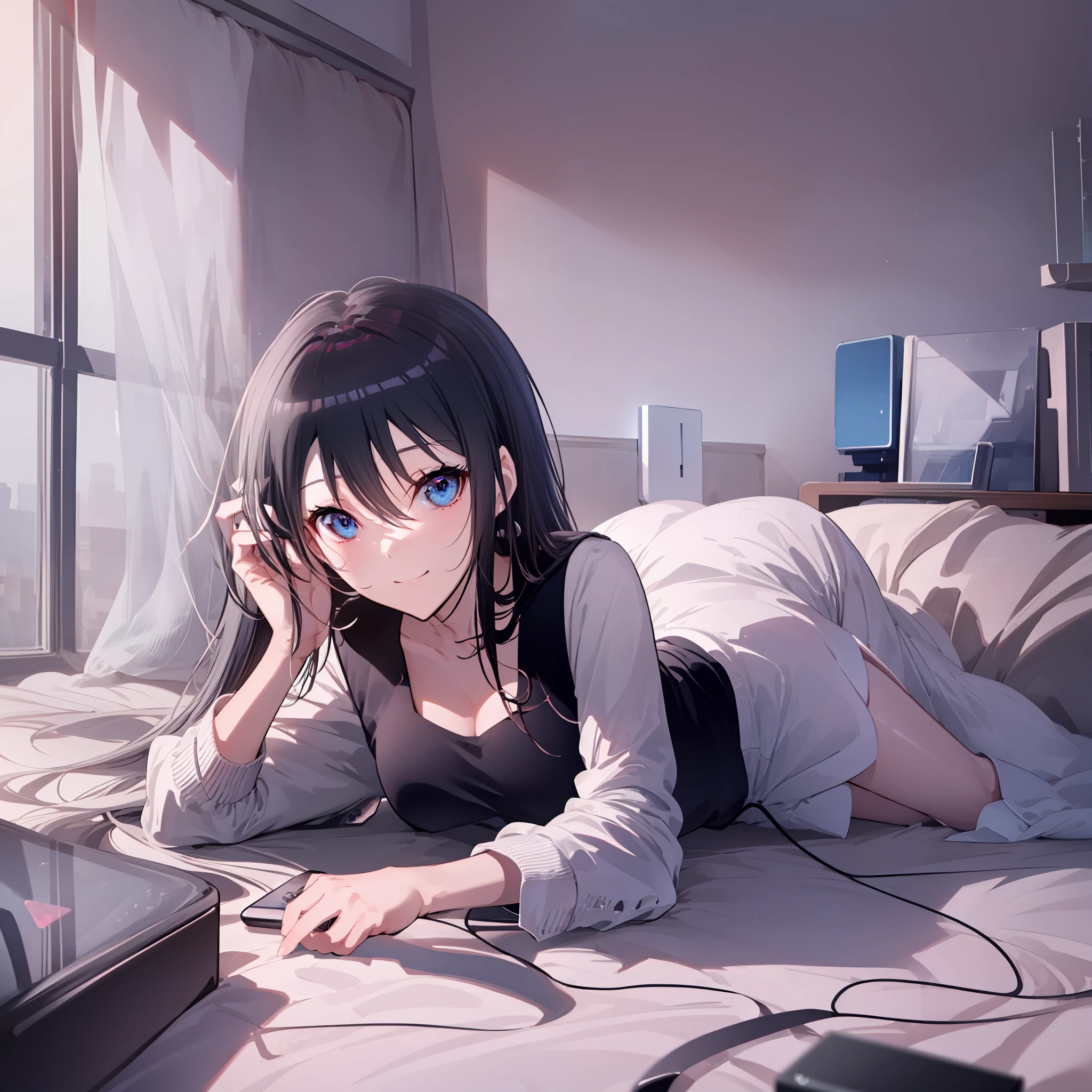 ((masterpiece)), ((best quality)), highres, kei1, 1girl, solo, blue eyes, long hair, (wears a female lenceria to sleep), ribbon, bangs, collarbone, gray hair, black hair band, neck ribbon, hair between eyes, medium breasts, cowboy shot, smile, anatomically correct full body, ((she is in her room lying on her back on the bed with a digital phone in her right hand to send messages and looking at the phone)),  ((escenario full detailed))