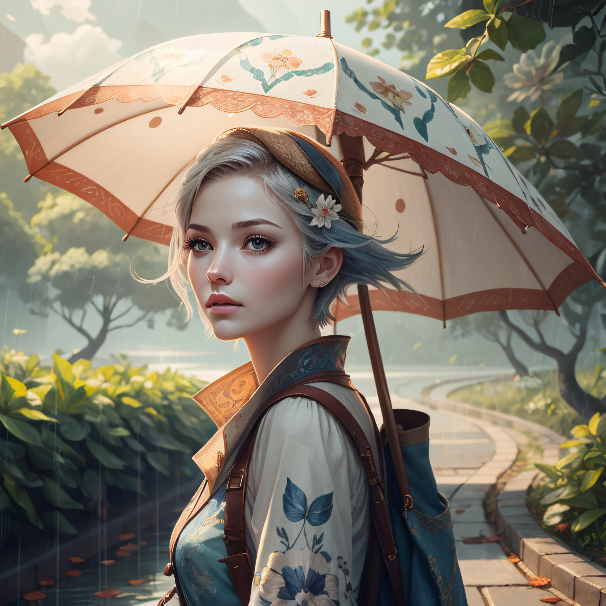 "Create avatar, delicate and strong woman, white skin, short hair, with umbrella in hand and hat on head, walking and looking to the right side, super realistic illustration" --auto