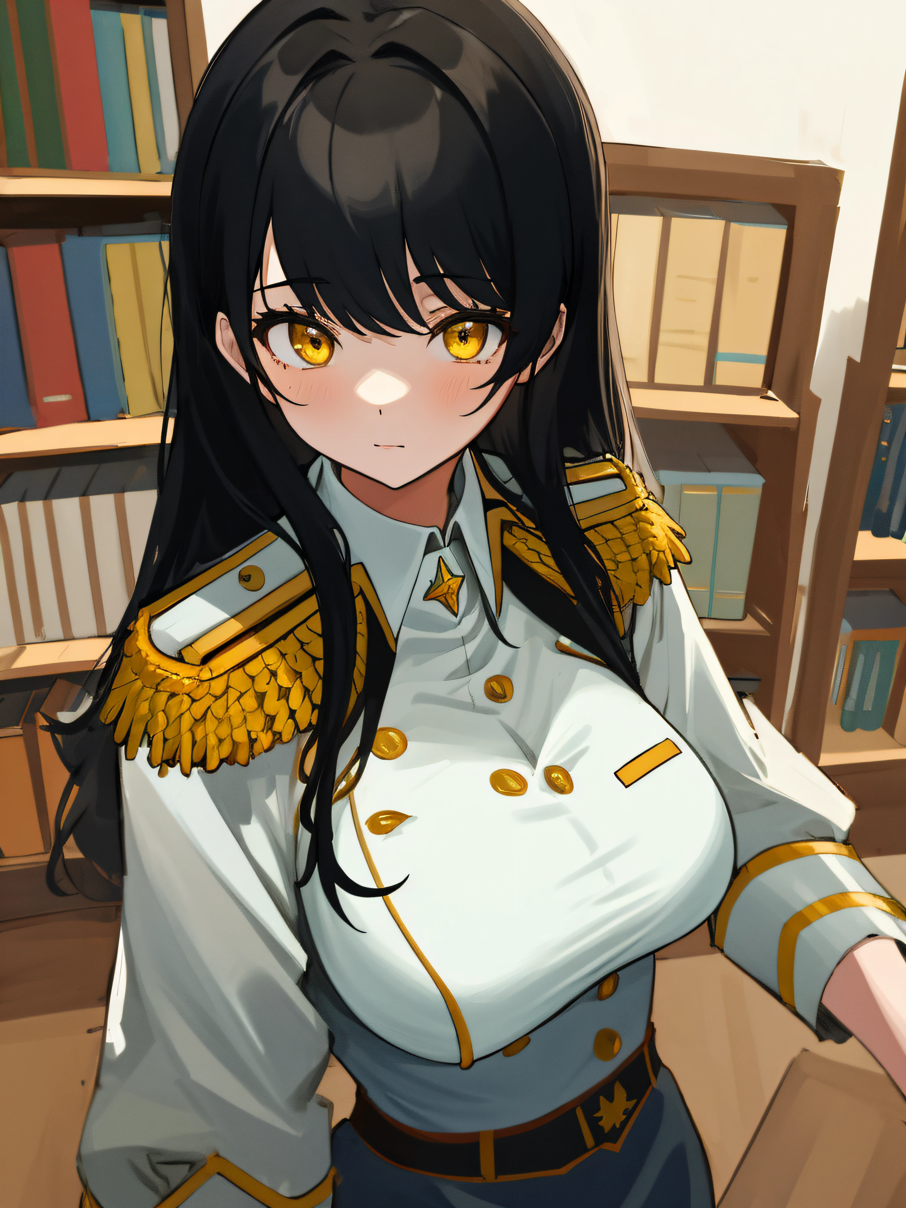 (masterpiece, best quality, absurdres), 1girl, solo, solofocus, black hair, long hair, yellow eyes, adult, super closeup, indoors, military general uniform, white uniform, epaulettes, military badges, office, bookshelf, large breasts