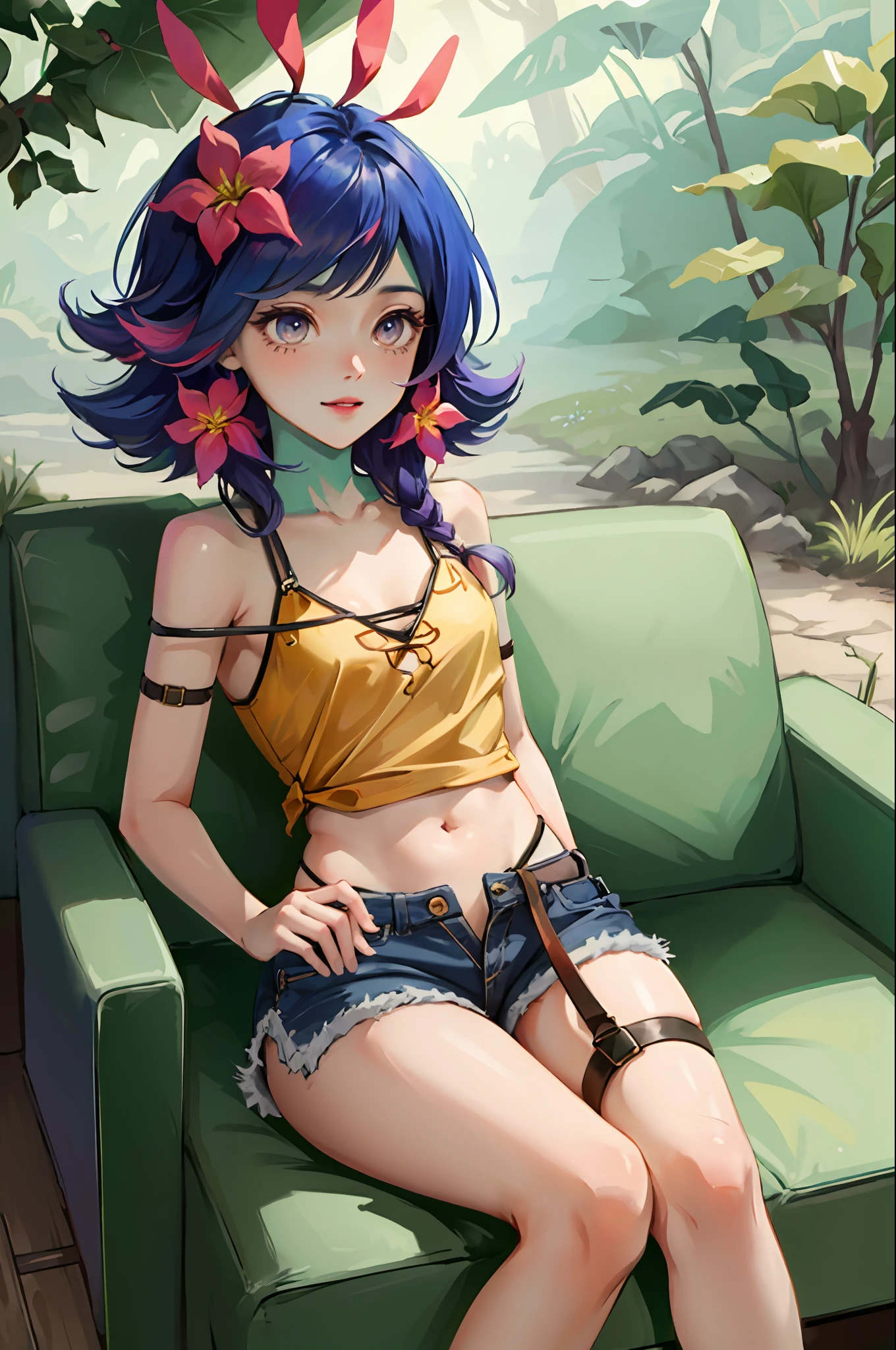 ((Cinematic light, Best quality, 8k, Masterpiece :1.3)), 1girl, Beautiful woman smiling with thin abs :1.4, (purple hair, small breasts :1.3), jean shorts, Brazilian football shirt :1.2, hopefully falling, seductive open lips, sofa, ultra-detailed face, detailed eyes, double eyelidwork, best quality, Neeko, hair ornaments, hair flower, trying to catch apple on tree, rainforest background,  Bottom-up view