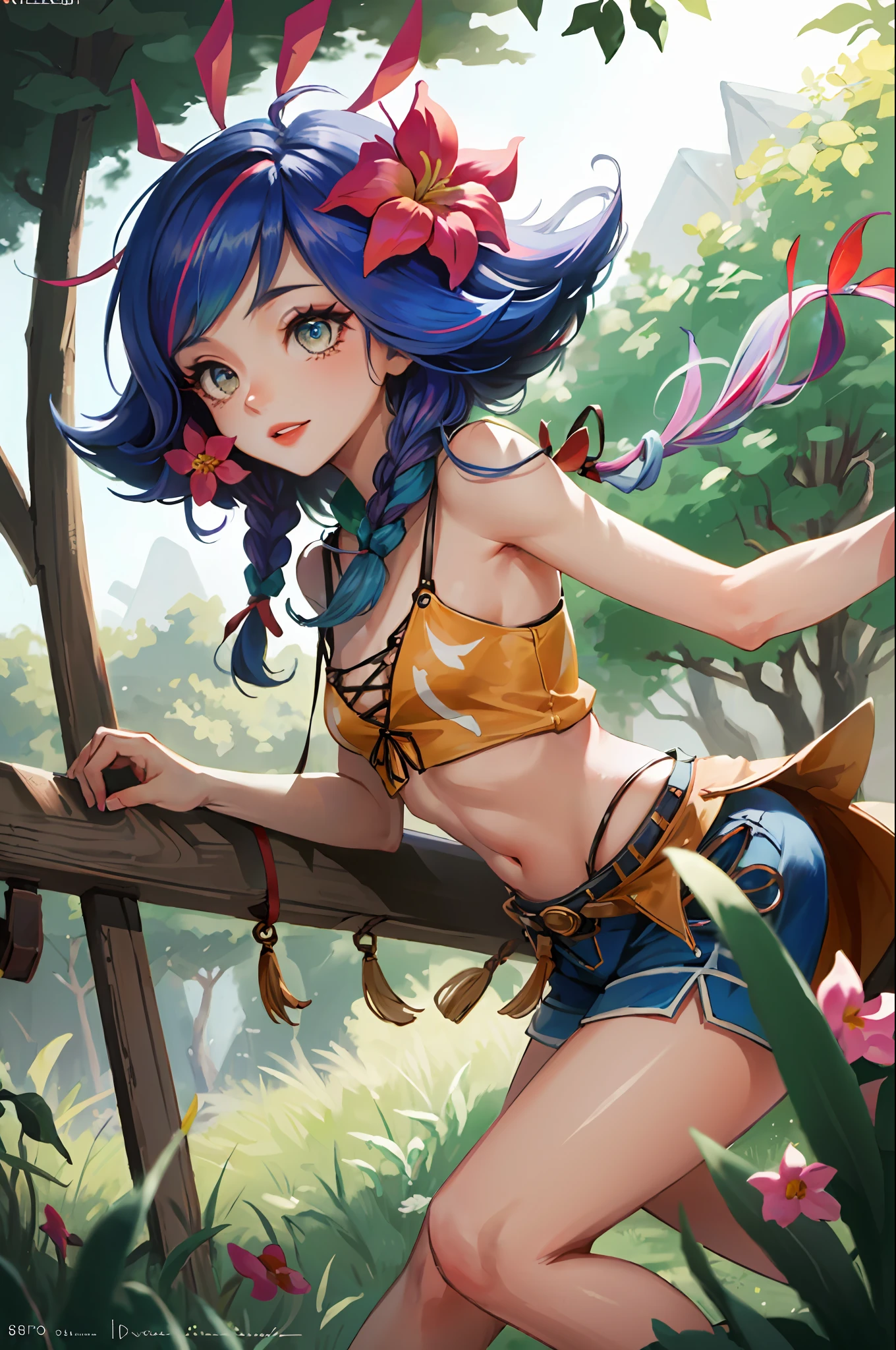((Cinematic light, Best quality, 8k, Masterpiece :1.3)), 1girl, Beautiful woman smiling with thin abs :1.4, (purple hair, small breasts :1.3), jean shorts, Brazilian football shirt :1.2, hopefully falling, seductive open lips, sofa, ultra-detailed face, detailed eyes, double eyelidwork, best quality, Neeko, hair ornaments, hair flower, trying to catch apple on tree, rainforest background,  Bottom-up view