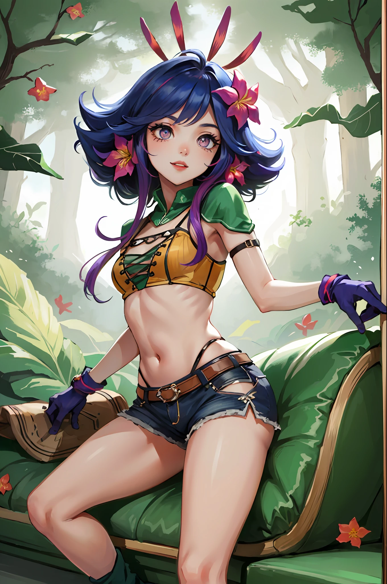 ((Cinematic light, Best quality, 8k, Masterpiece :1.3)), 1girl, Beautiful woman smiling with thin abs :1.4, (purple hair, small breasts :1.3), jean shorts, Brazilian football shirt :1.2, hopefully falling, seductive open lips, sofa, ultra-detailed face, detailed eyes, double eyelidwork, best quality, Neeko, hair ornaments, hair flower, trying to catch apple on tree, rainforest background, Bottom-up view