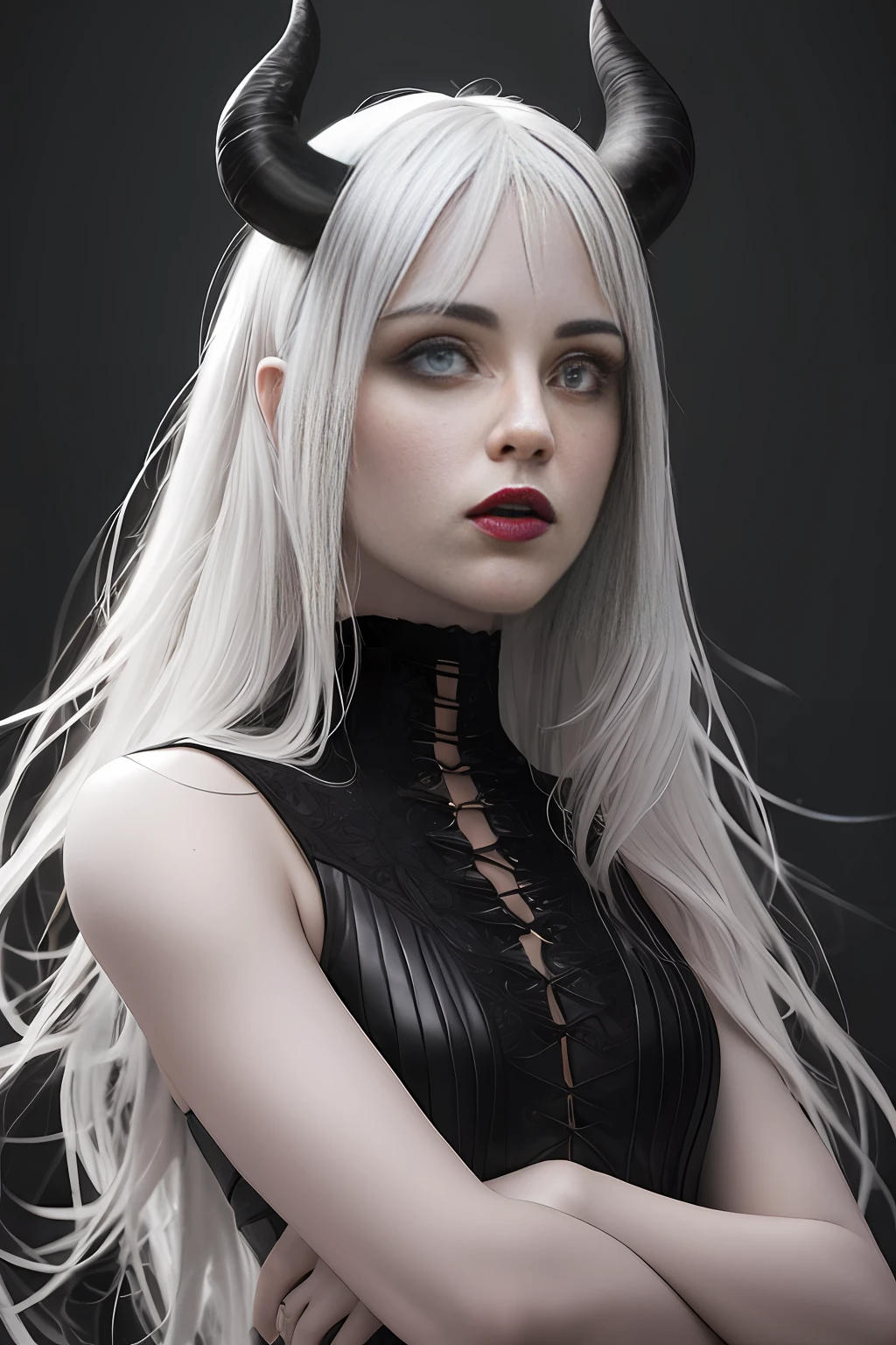 zoom out low angle action pose, full body, masterpiece, (photorealistic:1.4), perfect proportions, best quality, beautiful lighting, billie eilish, 1girl, gothic background, yellow eyes, fully clothed in dark medieval sorceress clothes and puffed sleeves, eyeshadow, wavy white hair and black horns, looking away, black smoky eyeshadow and bushy eyebrows, fashion editorial pose, small breasts, solo, RAW photo, 8k uhd, relistic skin texture, vivid colors