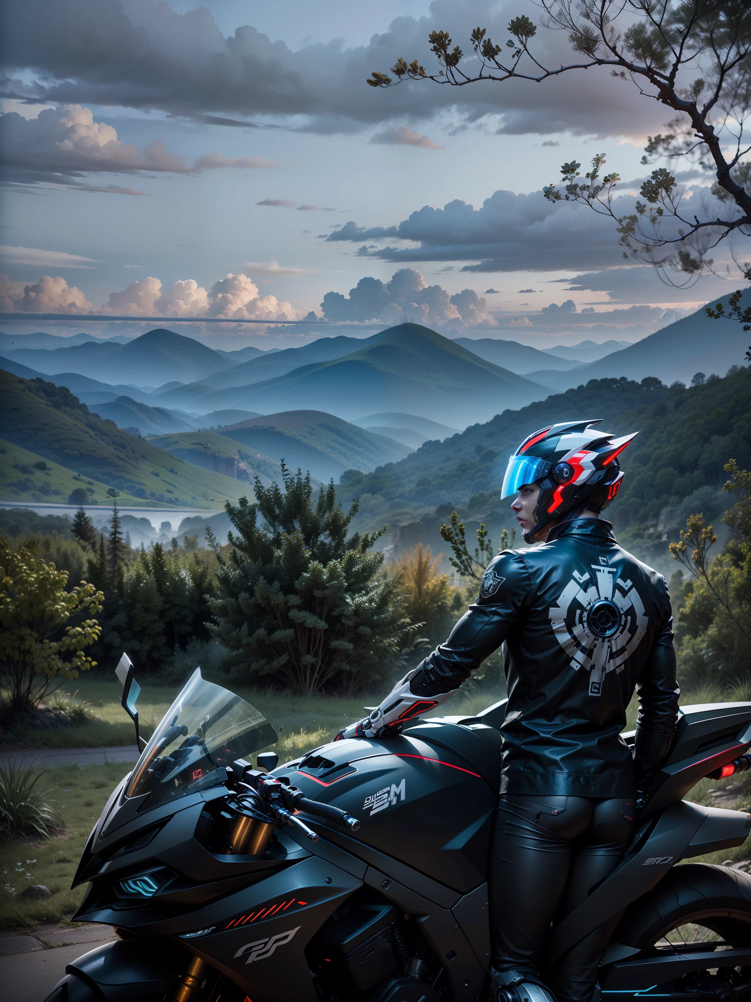 Handsome full body black mecha white short hair cyber handsome warrior, black cyber mechanical motorcycle, high-tech black full surround helmet, white short hair, Nousr, biomechanics, MSHN robot man, high-tech helmet, surreal, steel, complex design, crazy details, fine details, extremely clear lines, cinematic lighting, photo realism, detailed masterpiece