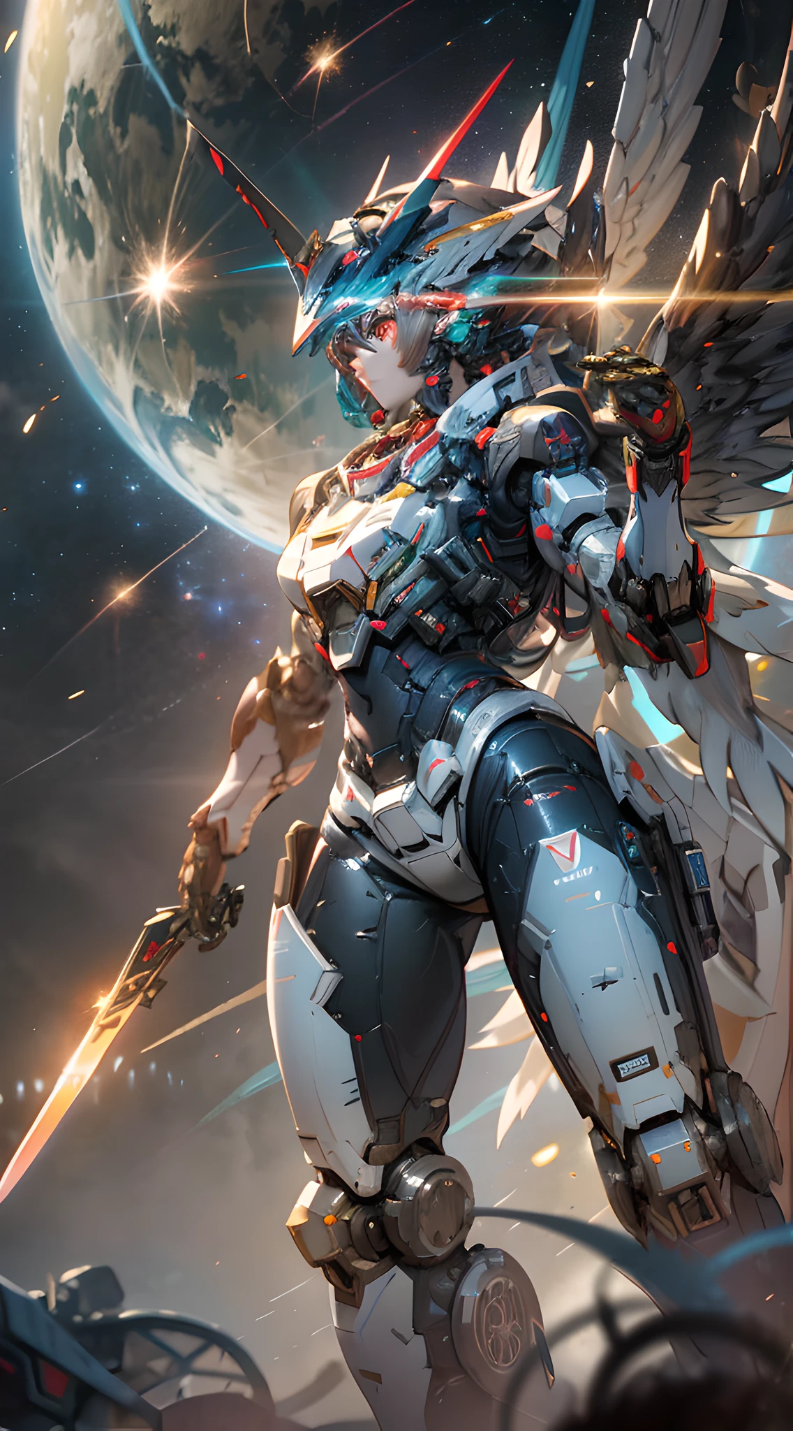 anime character with wings and a sword in front of a planet, alexandre ferra white mecha, high quality digital concept art, alexandre ferra mecha, cgsociety and fenghua zhong, epic sci - fi character art, epic sci-fi character art, ethereal and mecha theme, futuristic robot angel, cgsociety contest winner, award winning concept artist