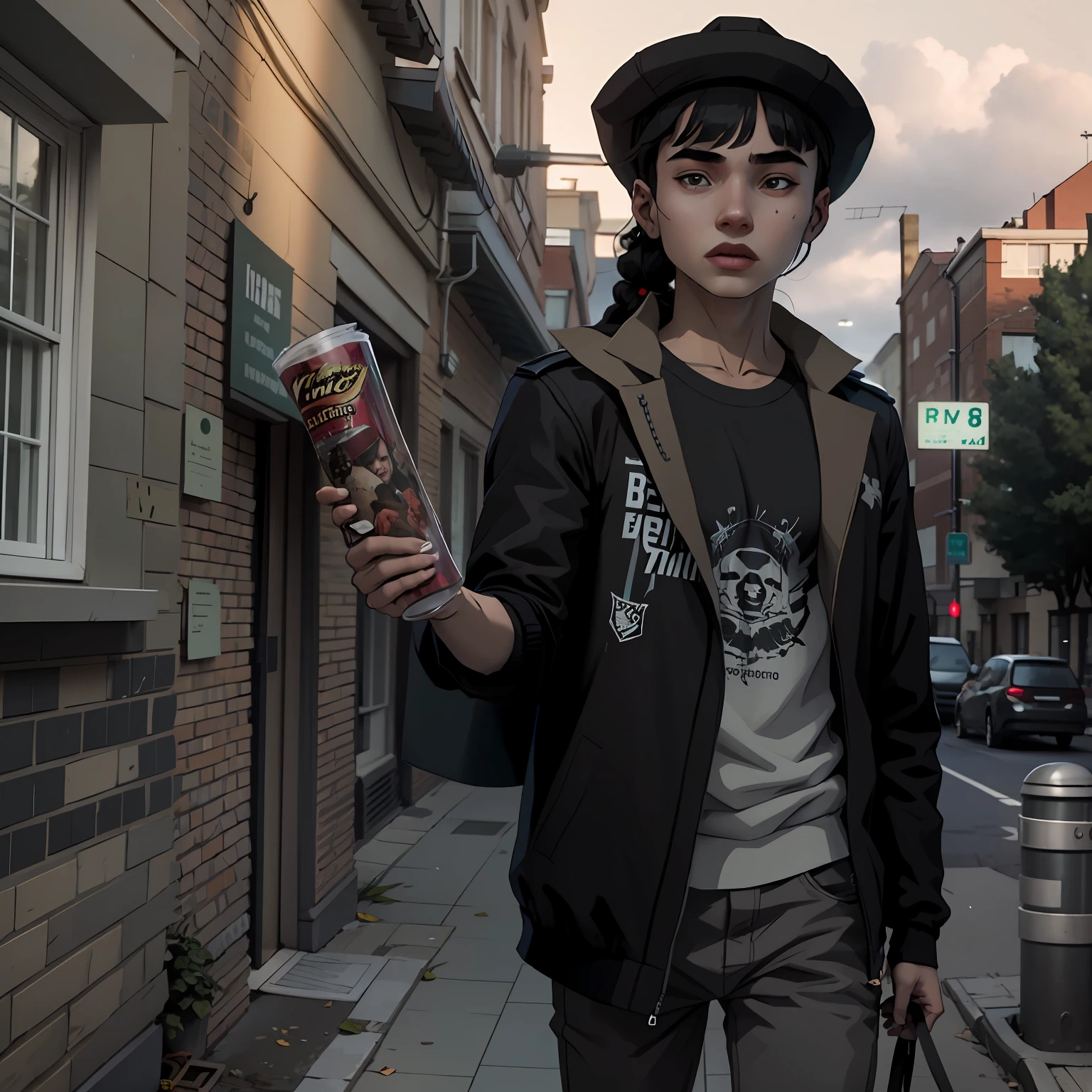 Young skinny Russian boy wearing a black fedora hat, trans boy, Russian boy, wearing a jacket, hair with bangs and braid