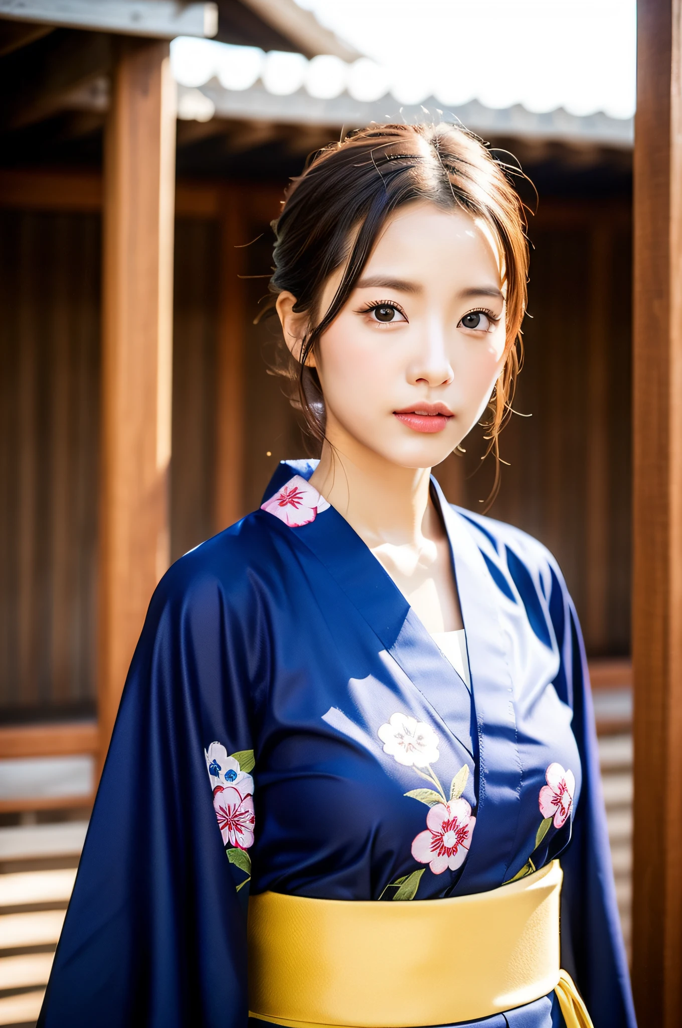 ((Best Quality, 8K, Masterpiece: 1.3)), Sharp Focus: 1.2, (Super Beautiful Face: 1.0), (Slender Abs Beauty: 1.0), (Shiny Skin: 1.0), Realistic Photography, Black Hair, Realistic Pupils, Video Lighting, High Definition Eyes and Face, Video Lighting, (Cowboy Shot: 1.3), (Kimono, Hakama, Obi: 1.4), (Korean Cute Actress), Traditional Kimono, Front Off, Big