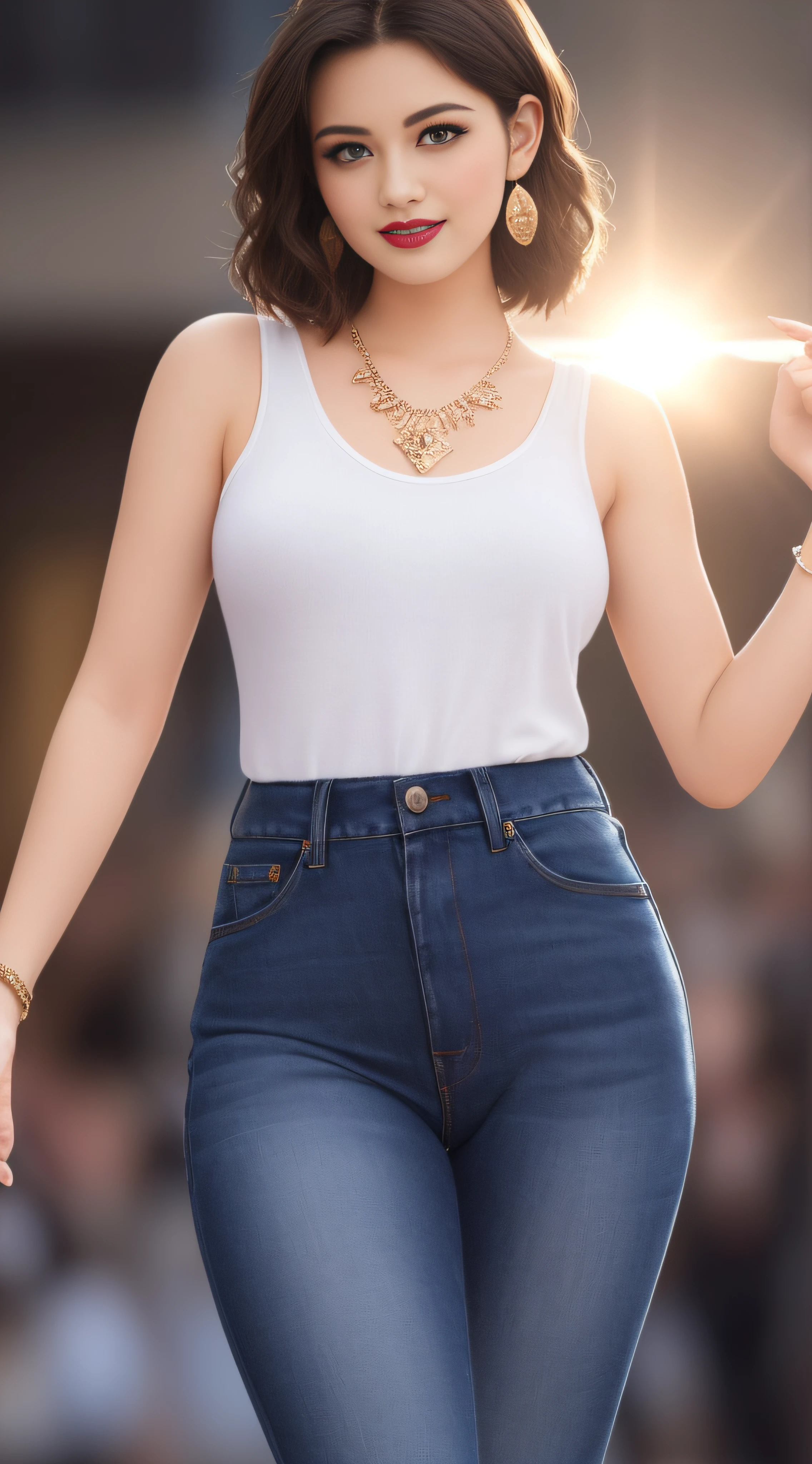 (Same character, front), {full body shot}, solo, ((best quality)), ((masterpiece)), 8K wallpaper, RAW photo, ((super high resolution)), (intricate detail), (soft lighting), film, dramatic, composition, clear sky, fauvism, surreal, epic, awe, crazy level of detail, a 25-year-old woman, (beautiful body), perfect face with details, soft lips, pink lipstick, beautiful blue eyes, super detailed face, Detailed eyes, detailed hand and finger features, optimal proportions of four fingers and one thumb, (highly detailed skin: 1.2), normal breasts, sexy long legs, perfect figure, golden ratio, wide shoulders, thin waist, black hair, short hair, beautiful eyes, long eyelashes, wearing black sleeveless t-shirt, black long jeans, black high heeled military boots, 35mm, sharp, surreal, necklace, (detailed ornaments), hair accessories, earrings, bracelets, rings, smile, blush, smile, face the audience, look at the audience, Shot from front, human eye perspective, lens flare, shadow, front light, depth of field, natural lighting, outdoor background,