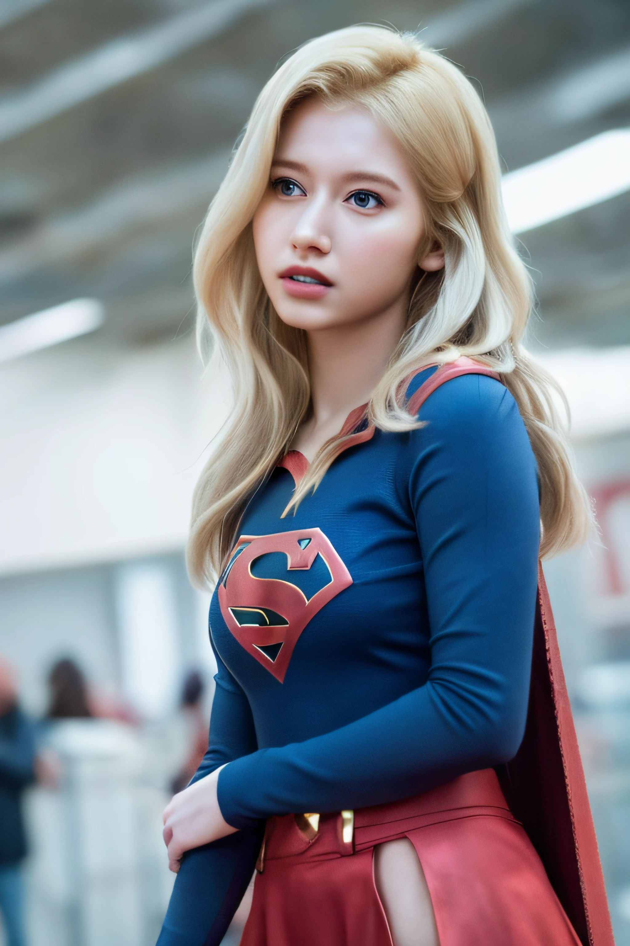 twicesana,photo of a 20 years old girl, best quality, real image, intricate detail, ultra detail, ultra resolution, depth field, (realistic, realistic: 1.2), masterpiece, photo 1girl, supergirl, injured, superhero, realistic,supergirl suit, torn clothes, red skirt, (dirty, bruised, blood: 1.3), brown eyes, blonde, long hair, serious, angry, solo, (exposed torn clothes, torn clothes: 1.3), ruined city background, best quality, realistic, realistic, (complex details: 1.2), (fine details), (movie light), clear lines, sharp focus, realistic face, detailed beautiful face, full body shot, flying in the air