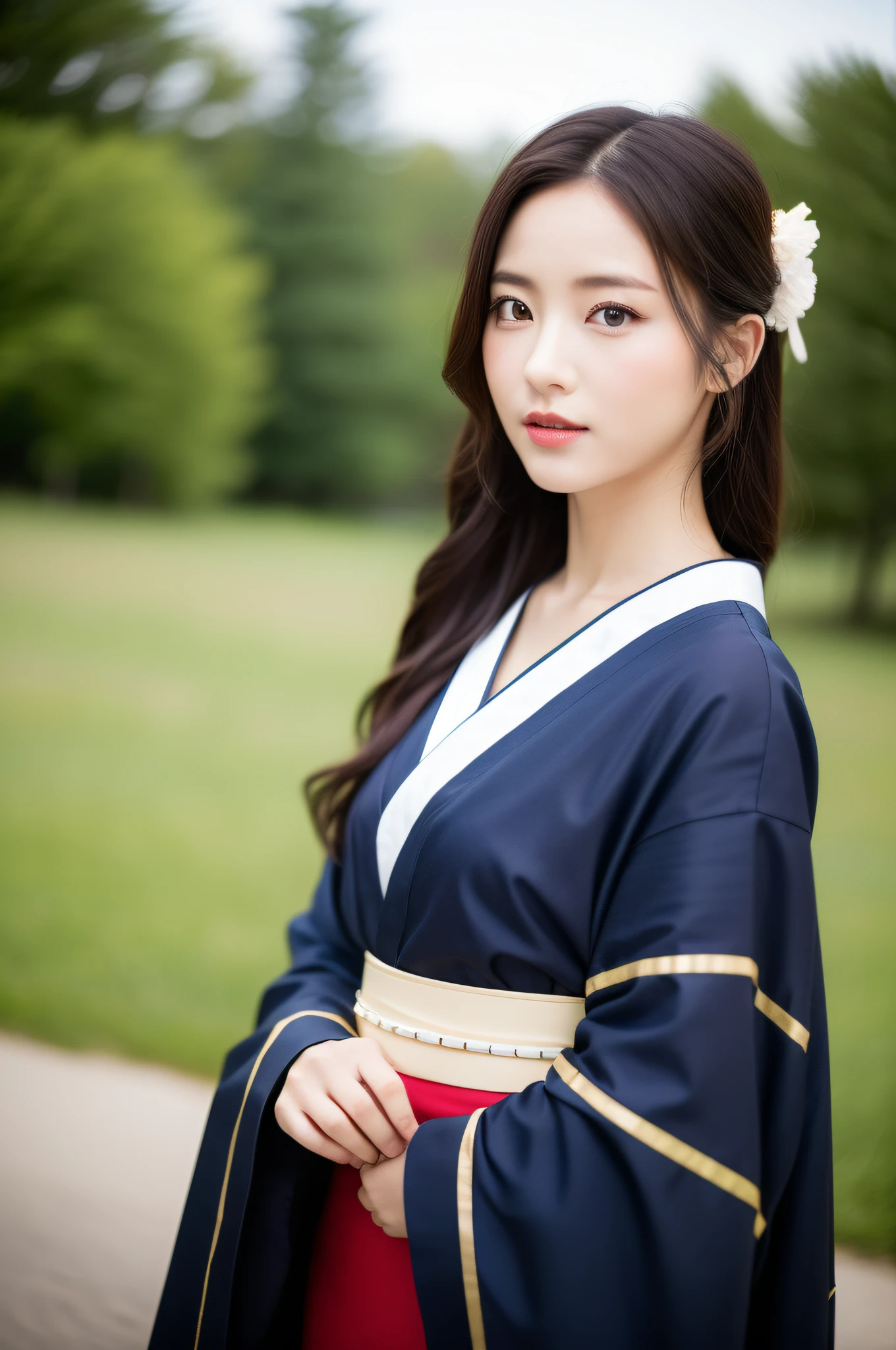 ((Best Quality, 8K, Masterpiece: 1.3)), Sharp Focus: 1.2, (Super Beautiful Face: 1.0), (Slender Abs Beauty: 1.0), (Shiny Skin: 1.0), Realistic Photography, Black Hair, Realistic Pupils, Video Lighting, High Resolution Eyes and Face, Video Lighting, (Cowboy Shot: 1.3), (Kimono, Hakama, Obi: 1.4), (Korean Cute Actress), Traditional Kimono, Big