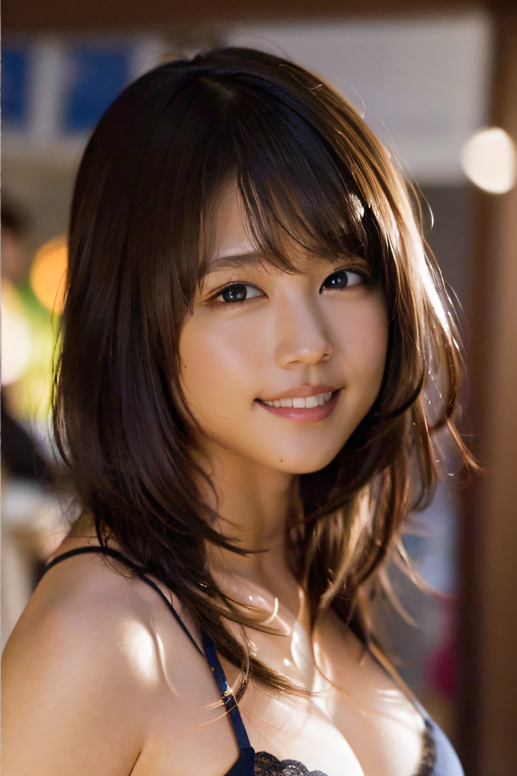 (8k, RAW photos, top quality, masterpiece: 1.2), (realistic, photorealistic: 1.37), ultra detail, ultra high resolution, one girl, viewer show, beautiful detailed face, smile, big, constriction, (slim waist): 1.3), lingerie, beautiful detailed skin, skin texture, floating hair, professional lighting,