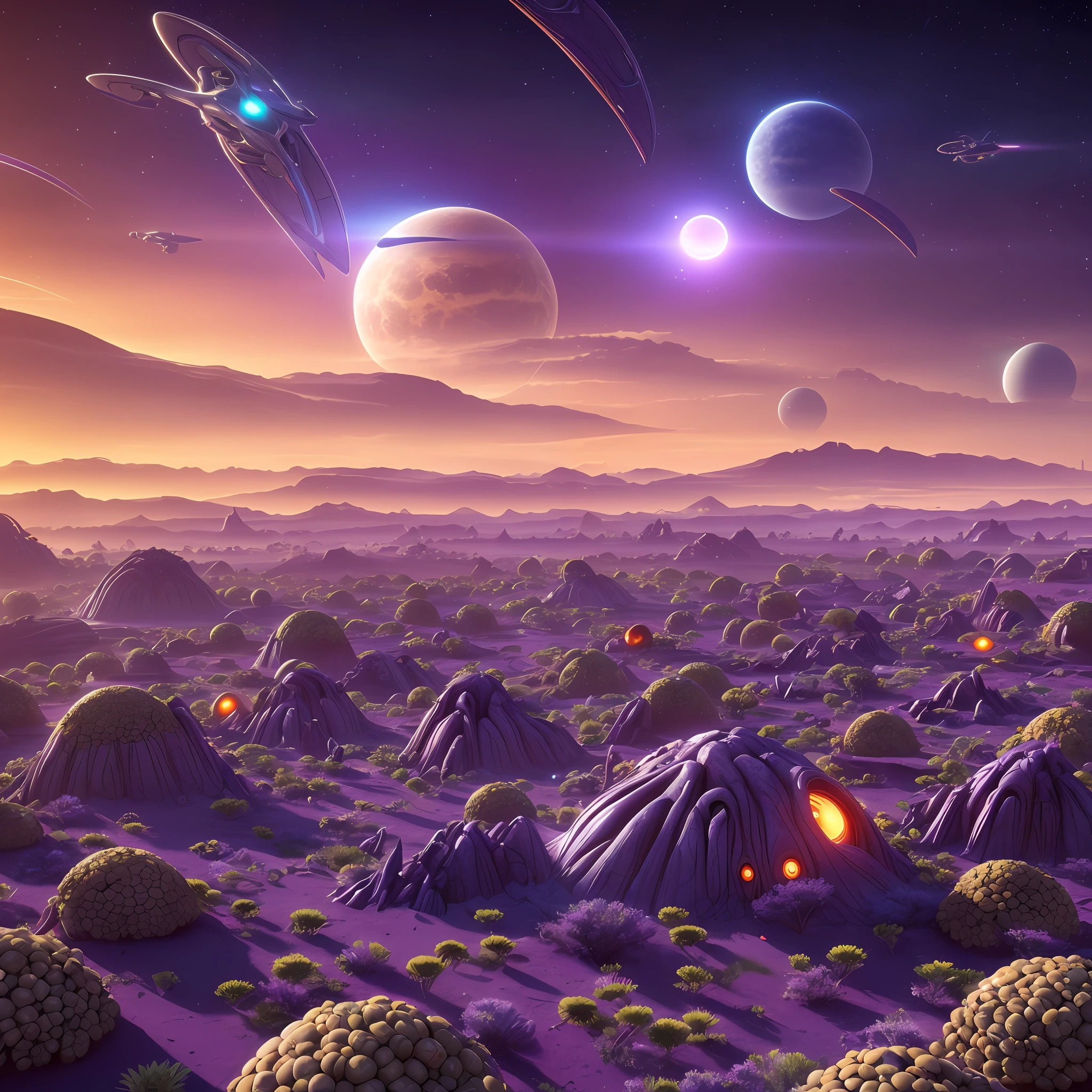 Several extraterrestrial aliens on the surface with crazy plants on a crazy extraterrestrial planet with spaceships in the sky, blue, red, purple and orange sky, highly detailed 8k, ultrarealistic, 8k octane rendering --auto --s2