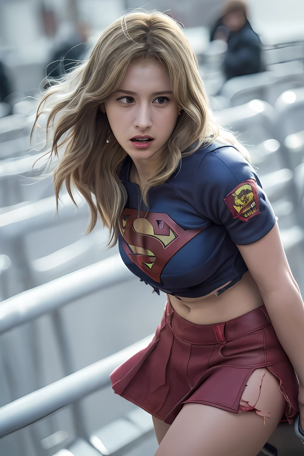 twicesana,photo of a 20 years old girl, best quality, real image, intricate detail, ultra detail, ultra resolution, depth field, (realistic, realistic: 1.2), masterpiece, photo 1girl, supergirl, injured, superhero, realistic,supergirl suit, torn clothes, red skirt, (dirty, bruised, blood: 1.3), brown eyes, blonde, long hair, serious, angry, solo, (exposed torn clothes, torn clothes: 1.3), ruined city background, best quality, realistic, realistic, (complex details: 1.2), (fine details), (movie light), clear lines, sharp focus, realistic face, detailed beautiful face, full body shot, flying in the air