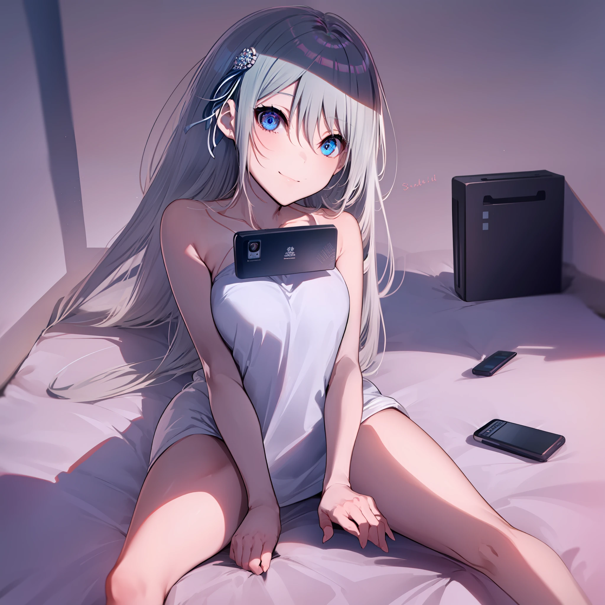 ((masterpiece)), ((best quality)), highres, kei1, 1girl, solo, blue eyes, long hair, (wears a female lenceria to sleep), ribbon, bangs, collarbone, gray hair, black hair band, neck ribbon, hair between eyes, medium breasts, cowboy shot, smile, anatomically correct full body, ((she is in her room lying in bed with a digital phone in her right hand to send messages)),  ((escenario full detailed))