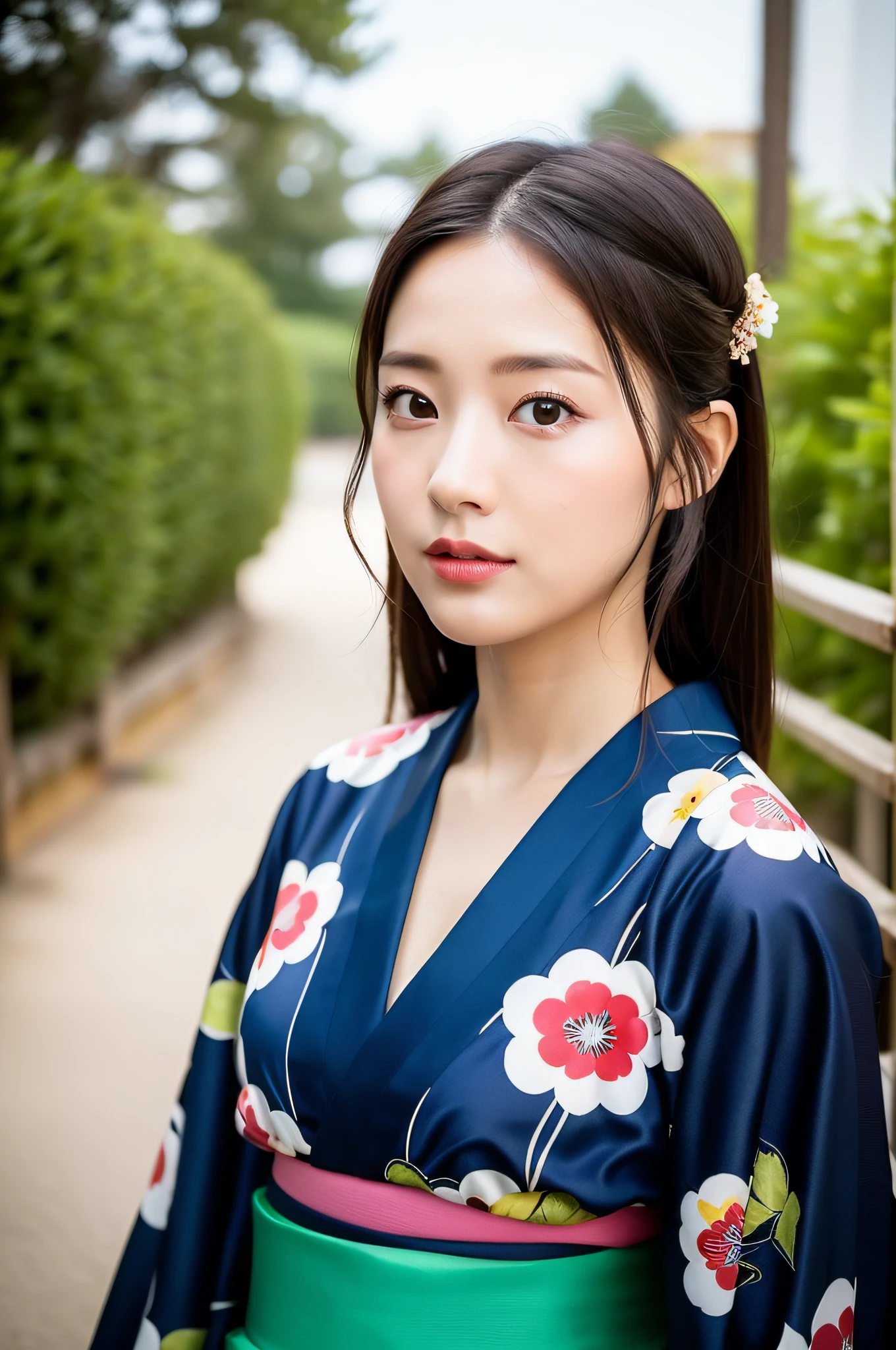 ((Best Quality, 8K, Masterpiece: 1.3)), Sharp Focus: 1.2, (Super Beautiful Face: 1.0), (Slender Abs Beauty: 1.0), (Shiny Skin: 1.0), Realistic Photography, Black Hair, Realistic Pupils, Video Lighting, High Definition Eyes and Face, Video Lighting, (Cowboy Shot: 1.3), (Kimono, Hakama, Obi: 1.4), (Korean Cute Actress), Traditional Kimono, Front Off, Big