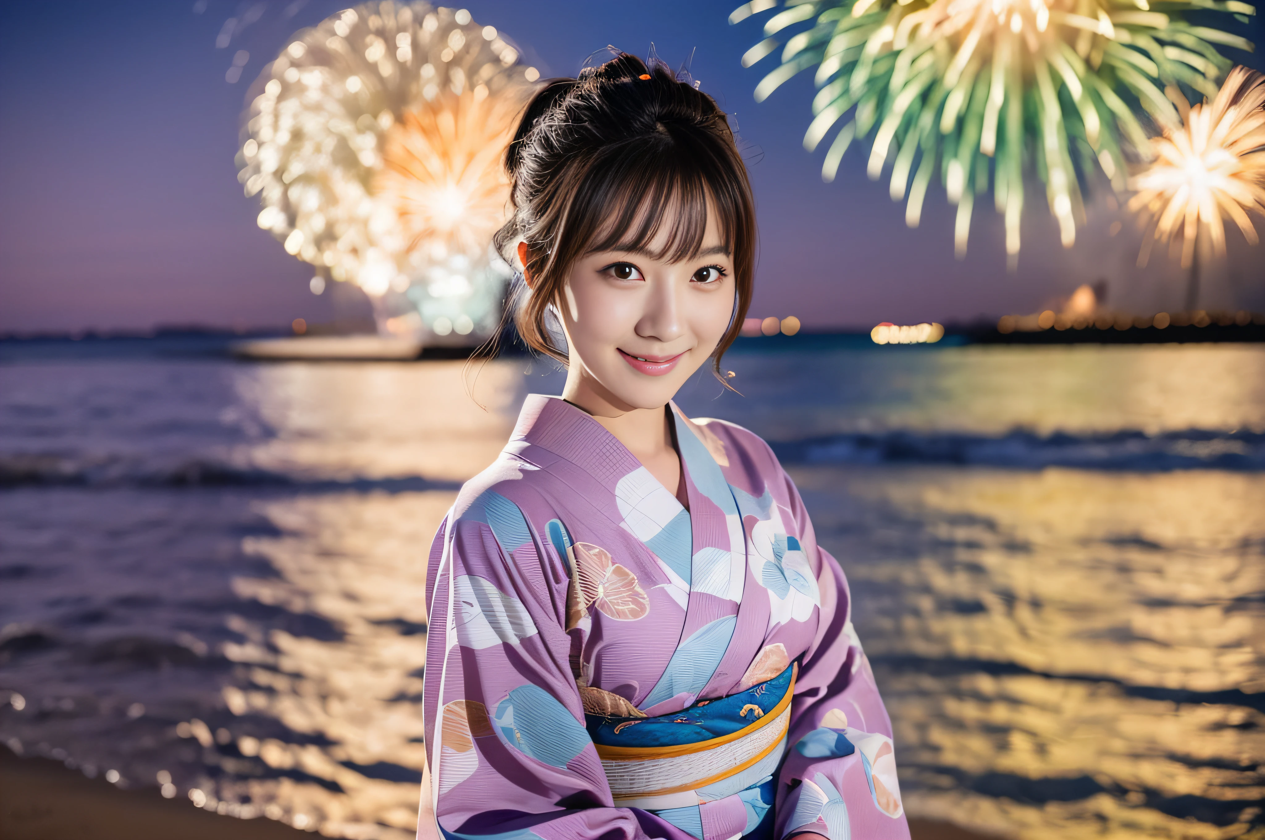 8K, very delicate and beautiful, very detailed eyes and face and skin, professional lighting, wonderful, (a large number of fireworks launched:1.2), (two beautiful Japanese ladies in the back looking at the many fireworks, 25 years old, dumpling hair), symmetrical clear eyes, slim, piercing, (smile, happy: 1.3), night:1.8, Japanese traditional yukata, cowboy shot, on the beach.