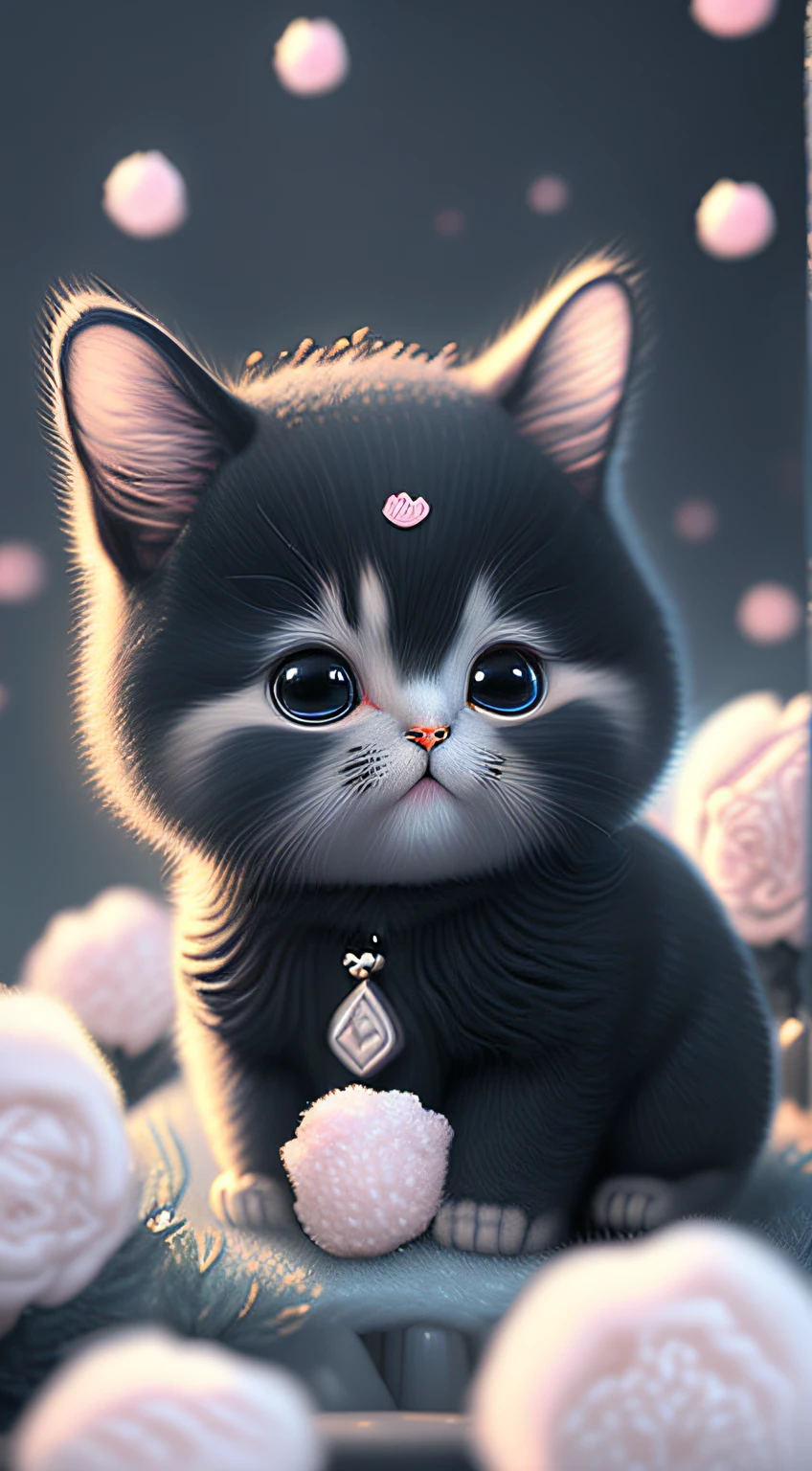 In this ultra-detailed CG art, cute black kittens surrounded by ethereal roses, laughter, best quality, high resolution, intricate details, fantasy, cute animals, left, funny, left! Mouth!!! Laugh!!