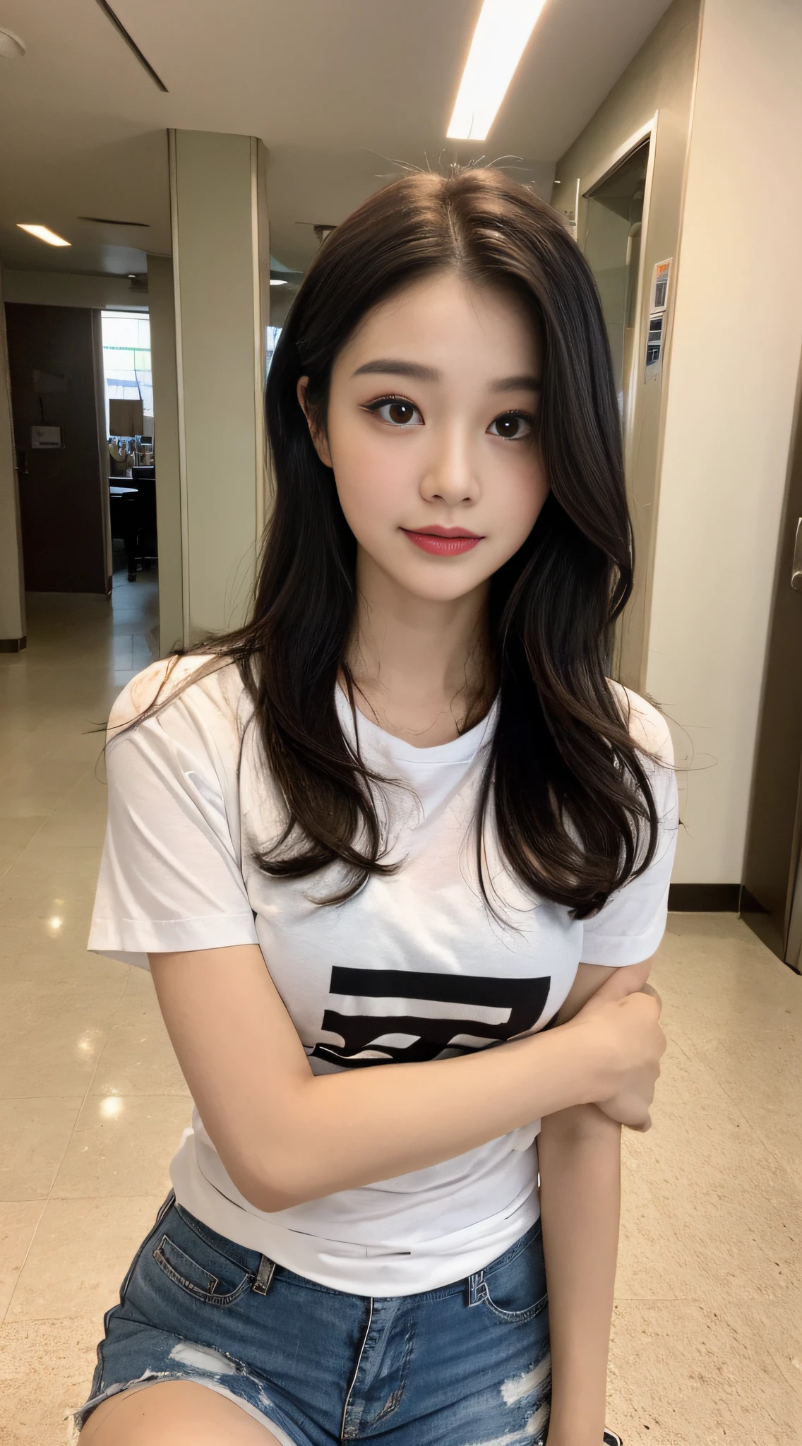 Night Interior Real Lighting】 【Hospital Lobby:2.0 Hall Exterior Counter 】 Slim Abs Hips】 Tongue Cap】 【Black Hair, Dark Brown Hair, Wave Head, Setback, Long Hair, Layered Haircut】 【Super Fine Face, Round Face】 【Long Eyelashes, Solid Round Eyes, Fine Eyes, Delicate Eyes, Double Eyelids】 【Ear Blush】 【Highly Detailed Face and Skin Texture, Whitened Skin】 【Light Smile】 【(Short Sleeves, Shorts, Half-sleeved Clothing, Surrealism, Shadows, Embossing, Atmospheric Perspective, 8K Super Detail, Accuracy, Best Quality, 4K Natural Light, Best Quality Realistic lighting, masterpiece, clear focus]