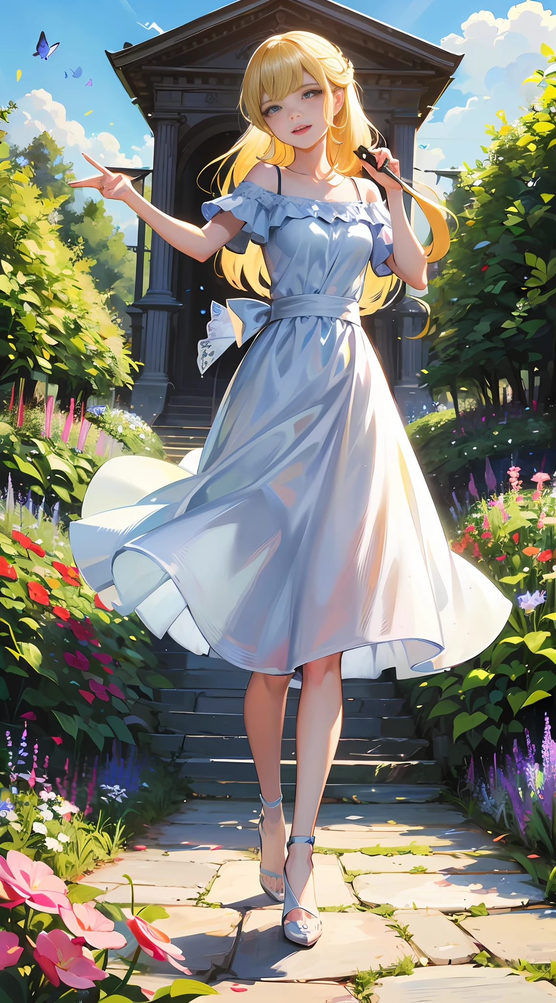 2 girls; with her younger sister <1 long-haired younger blonde girl playing together in the garden. Long and decent blue and white dress. Smile that lights up everyone around. White, blue dress. Playing in the garden with love and dedication, flower and butterfly in perfect harmony. Illustration of 1 sun Blue sky of clouds, playing with butterflies. Beautiful illustration, beautiful painting, beautiful UHD 4k art, beautiful art, a beautiful art illustration, art in the style of guweiz, beautiful painting, atey ghailan 8k, artgerm and atey ghailan, happy in a flower garden, playing butterflies, (butterflies). (best quality, masterpiece), 1 solo woman, blonde, pose, particle, wind, flower, full body, garden background, looking at butterflies. --auto