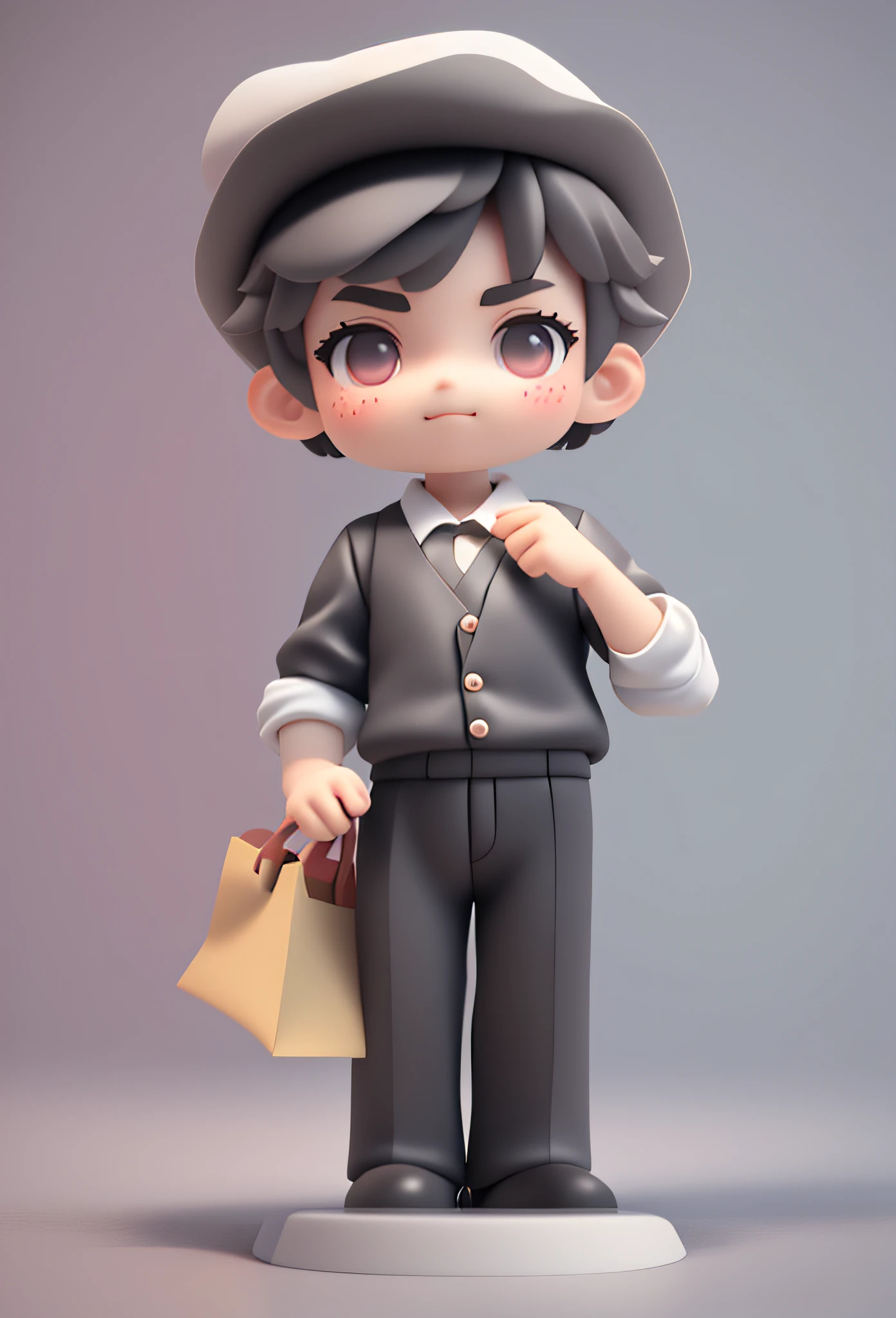 Blind box 3d design, cute in white shirt, black suit in hand, black suit pants, cute 3d render, portrait anime, cute 3d anime boy render, cute detailed digital art, 3d rendering stylization, 3d rendered character art 8k, cute digital painting, Anime style 3D, super detailed rendering, hat, long eyebrows