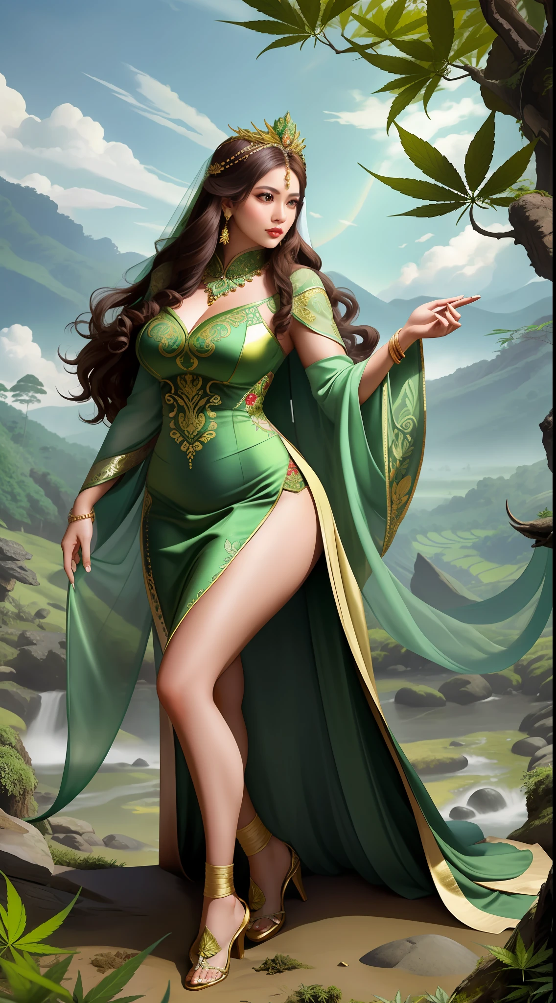 Indonesianfuturism, the goddess of Marijuana, thick body, fat, (closeup photo) of Indonesian supermodel wearing a luxurious traditional Indonesian goddess dress and impeccably detailed Indonesian veil (green marijuana with intricate gold embroidered) and queen's crown made of marijuana leaf, whelks, ((brunette hair)), fat body, fat, brown skin, extremely detailed face, standing in a luxurious tribal marijuana Indonesia landscape, cinematic photography, photorealistic, well lit, HDR, brown skin, thick body, goddess, queen, sexy, exotics, full body photography, booty