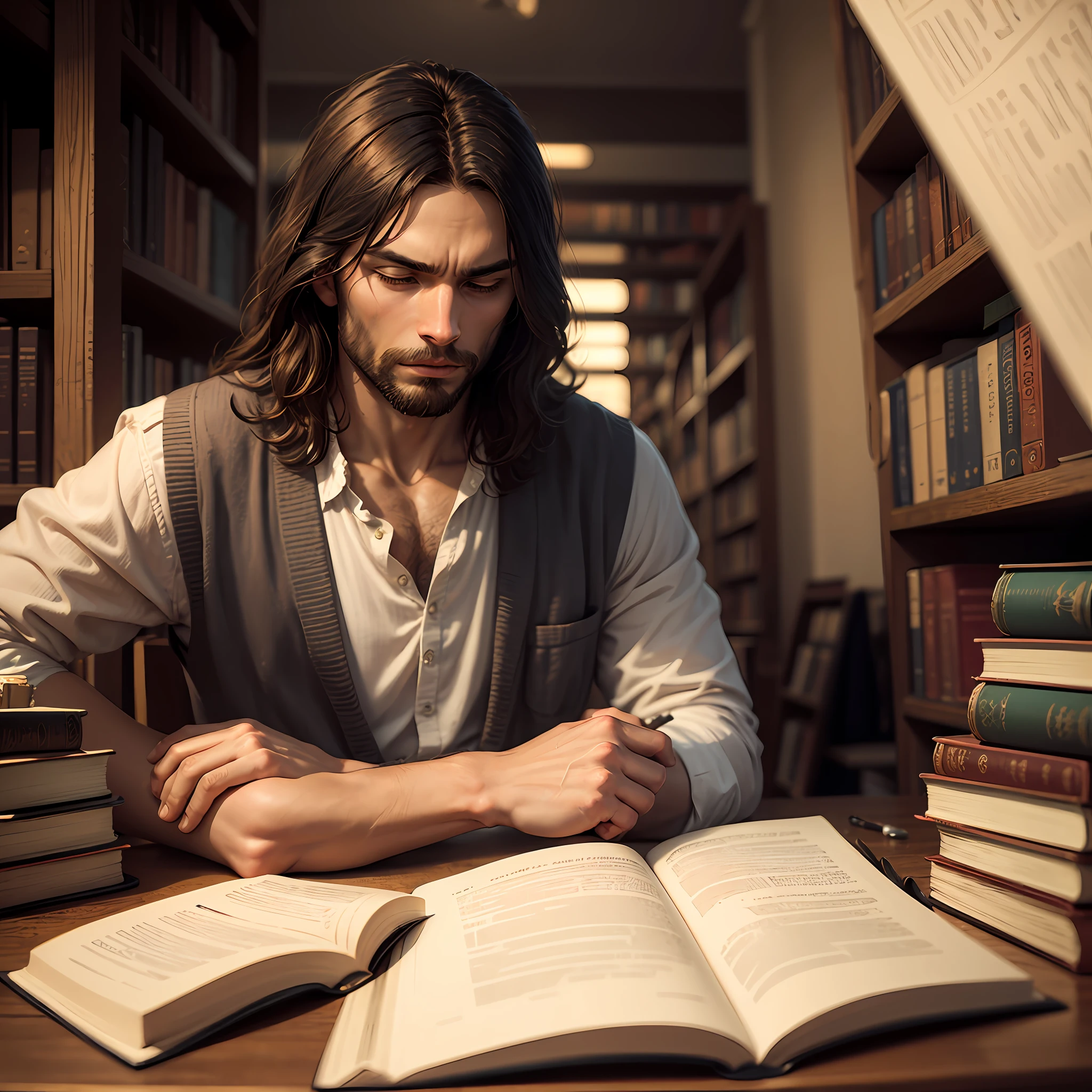 Jesus strong in the library, reading, many books, perfect, 18K FullHD resolution, extremely sharp, detail, perfect, high definition. --auto