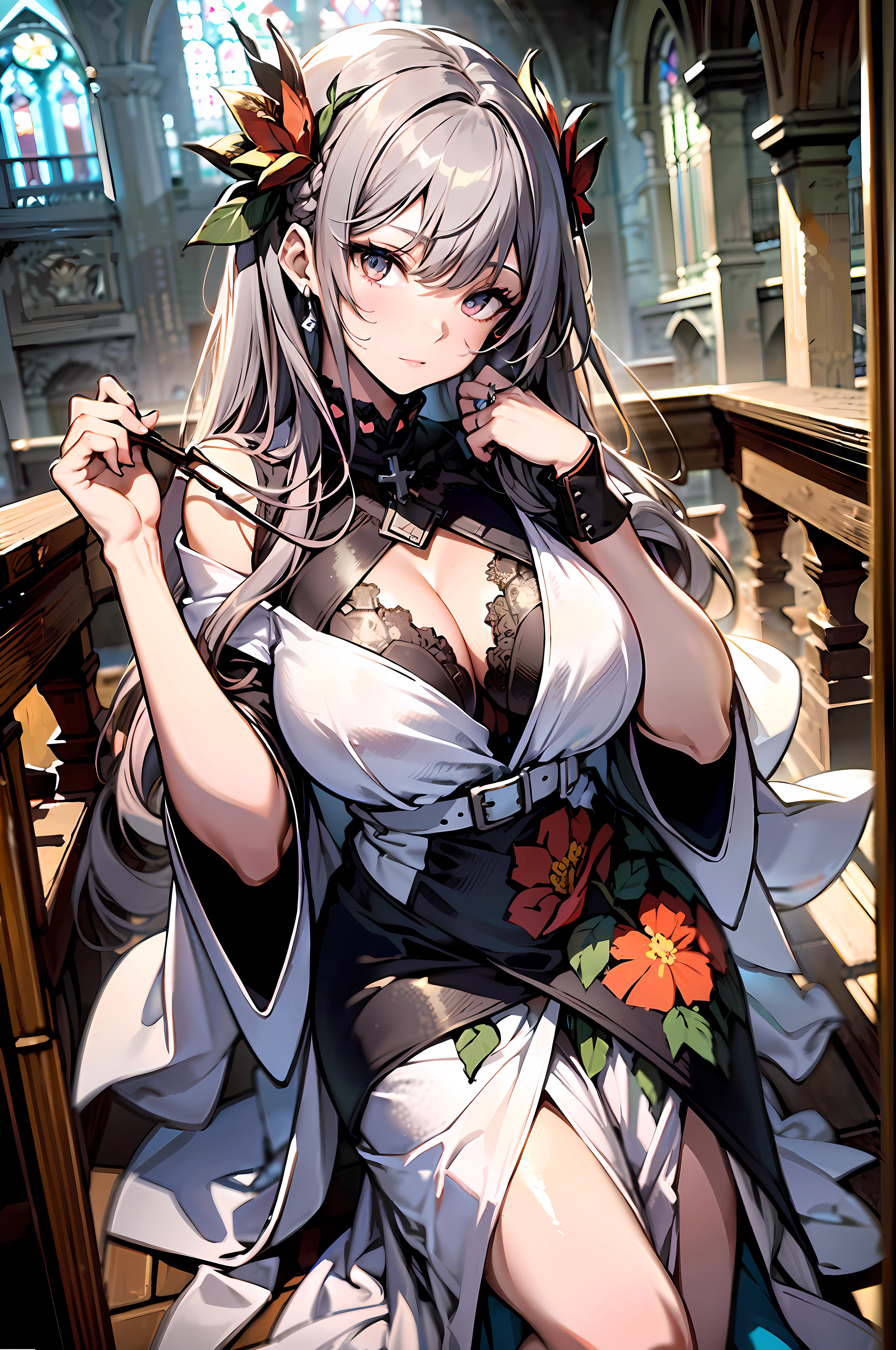 (kawaii,cute:1.1), ((high resolution:1.8)), (incredibly absurdres:1.1), (hires.fix:1.3), extremely detailed CG unity 8k wallpaper BREAK ((masterpiece:1.5)), (8k, RAW photos, highest quality, high resolution, absurdity), high-definition RAW color photos, professional photos, paper cutting, (beautiful girl), (detailed beautiful face:1.3),(detailed beautiful silver eyes),big tits, cleavage, wedding dress, ((white dress)), scenic print, pale_skin, beautiful black hair, braided bangs, ((long hair, straight hair)), BREAK ((beautiful church)), ((beautiful stained glass)), (magnificent panorama view), (underworld, fantasic ocean), depth of view