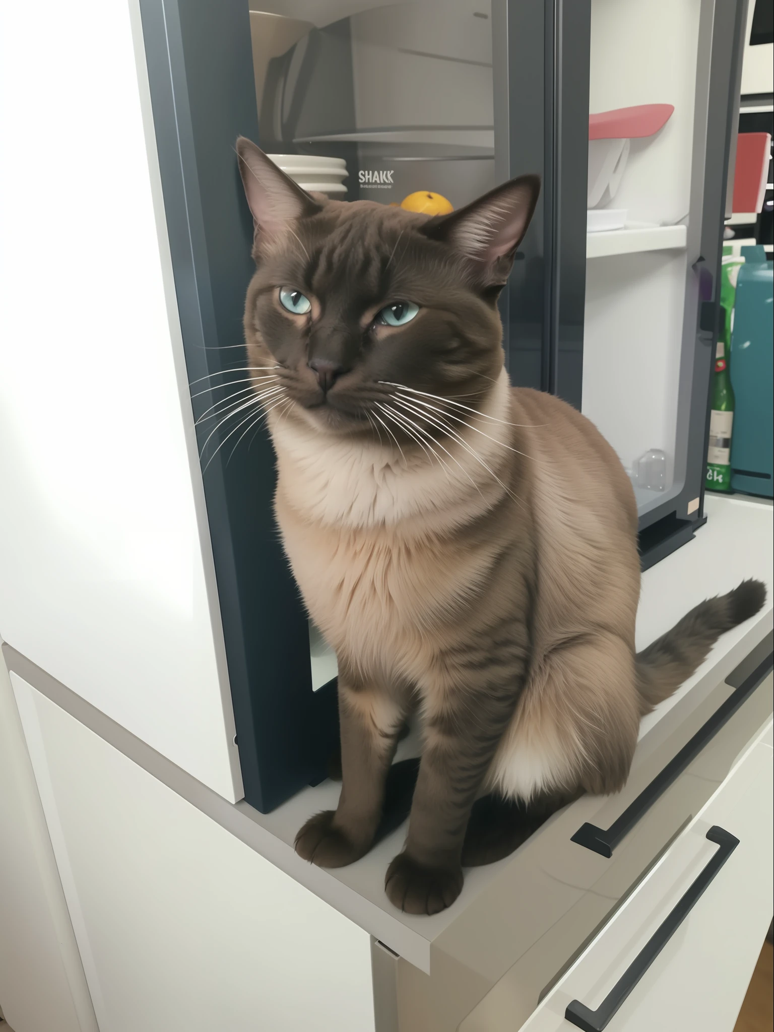 there is a cat sitting on top of a refrigerator in a kitchen, aesthetic siamese cat, taken with sony alpha 9, proud looking away, taken with canon 8 0 d, a handsome, proud look, young handsome pale roma, taken with sony a7r camera, very handsome, extremely handsome, taken with canon eos 5 d mark iv, blue-eyed