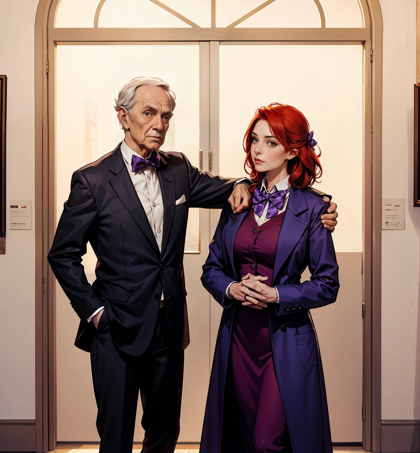 Inside an art gallery, good lighting, bottom-up camera of the viewer, red-haired woman in purple winter coat, an elderly gentleman in a suit and bow tie, putting his hand on her shoulder