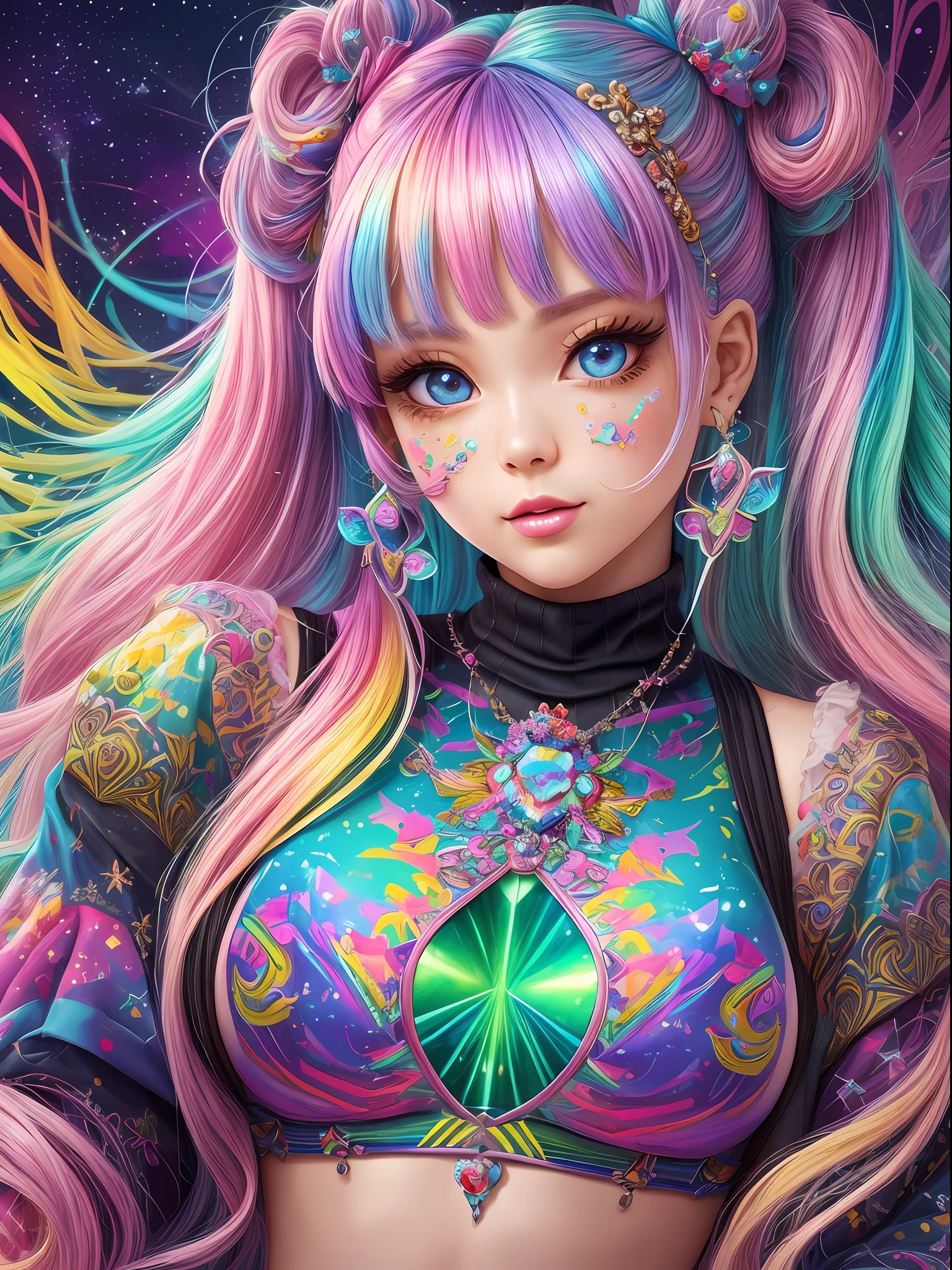 This image should be colorful and euphoric with extreme fantasy elements and very bold colors. Use (((lora:ArcherTurtleneck:1))). Generate a beautiful petite nymph with ornate and highly detailed Decora Harajuku fashion aesthetics on an interesting Harajuku street background. Her head, torso, and hips are in frame. The nymph should have a mature face with a lot of character and visual interest. Include beautiful eyes, highly detailed eyes, extremely detailed eyes, intricate eyes, 8K eyes, macro eyes. Pay close attention to intricate facial details and realistic eye shading. Include bright lisa frank rainbow colors. ((Include many realistic fantasy and rainbow Harajuku and decora details)). Clothing should be very detailed and intricate in the style of extravagant Harajuku decora street fashion with a heavy emphasis on rainbow colors. Her shirt should (((cover her stomach and breasts))) and contain contrasting textures, colors, and patterns  (((lora:ArcherTurtleneck:1))). Her pants should be highly detailed and contain contrasting textures, colors, and patterns. The image is the highest quality possible, with rich colors and an extremely high resolution. Consider influences like the artwork and colors of Lisa Frank. Utilize bright ambient lighting and dynamic composition to enhance a feeling of happiness and ((euphoria)). The image should contain shimmer, phantasmal iridescence, crystals, and bumps. (((lora:ArcherTurtleneck:1)))