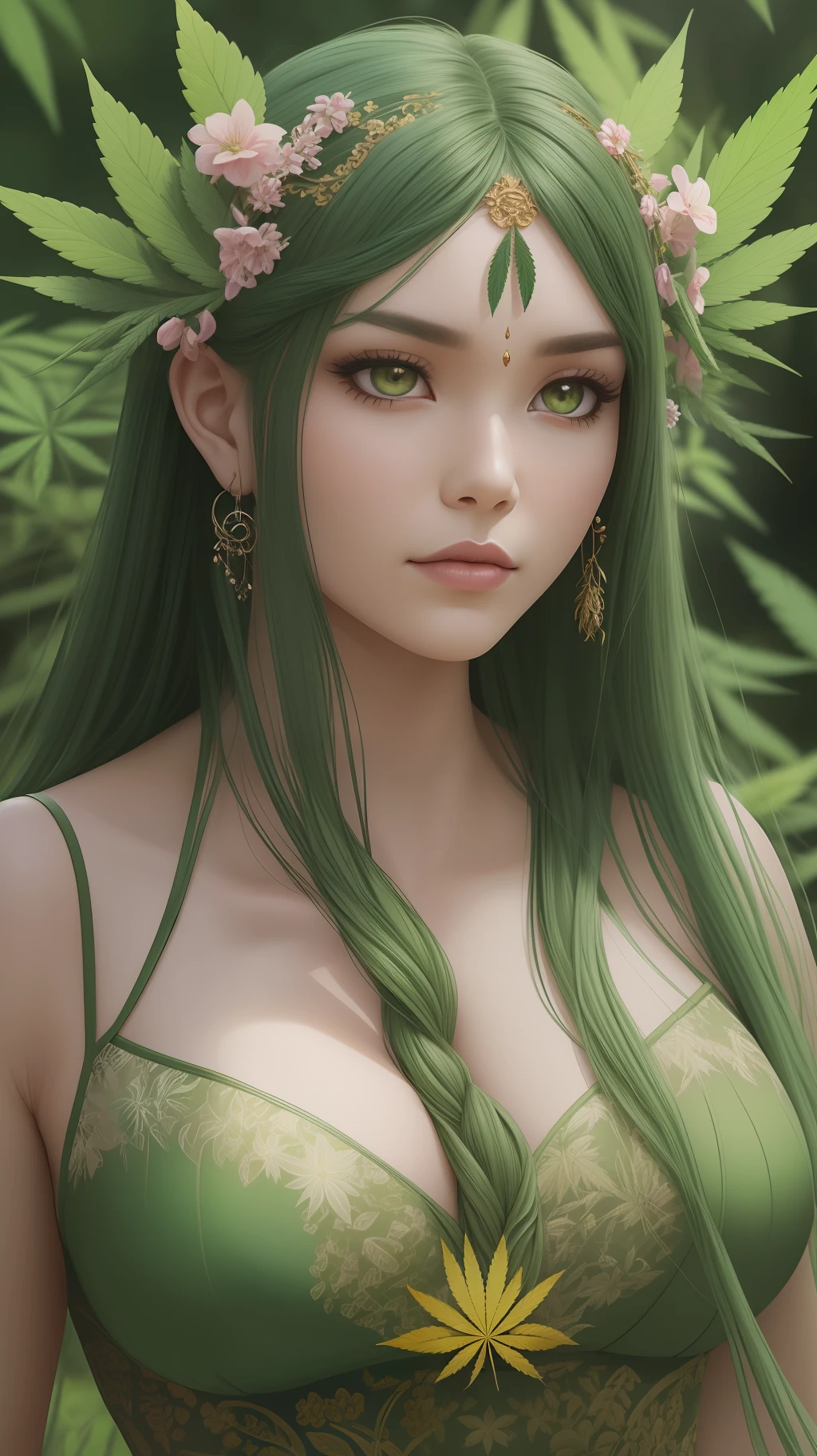 Goddess of Marijuana, Indonesian Goddess, Imdomesiam girl, 1girl, Voluptuous, Curvy, Thick, Busty, Big Breast, Exotics, Sexy, Traditional Indonesian Dress, Indonesian Art Culture, Indonesia Background "Create a photorealistic image of an exquisite masterpiece portrait featuring a stunning cannabis dryad. The dryad should be portrayed as a captivating and ethereal being, blending seamlessly with the beauty of nature. Her features should be delicate and alluring, with eyes that exude a sense of enchantment. The dryad's hair should flow gracefully, adorned with intertwined cannabis leaves and buds. The portrait should capture the intricate details of the dryad's face, emphasizing her unique beauty and the symbiotic relationship between her and the cannabis plant. The background can be minimalistic, with soft shading or negative space, allowing the dryad to take center stage. Render the image as a high-resolution digital illustration, resembling a professional photograph. The lighting should accentuate the subtle nuances of the dryad's features, evoking a sense of realism and depth. Capture the portrait from a close-up perspective, allowing viewers to appreciate the mesmerizing details and the stunning beauty of the cannabis dryad."

Art Styles: Realism, Digital Illustration, Portrait
Art Inspirations: Art Station, Behance Close-up High-resolution digital illustration, realistic lighting, detailed facial features