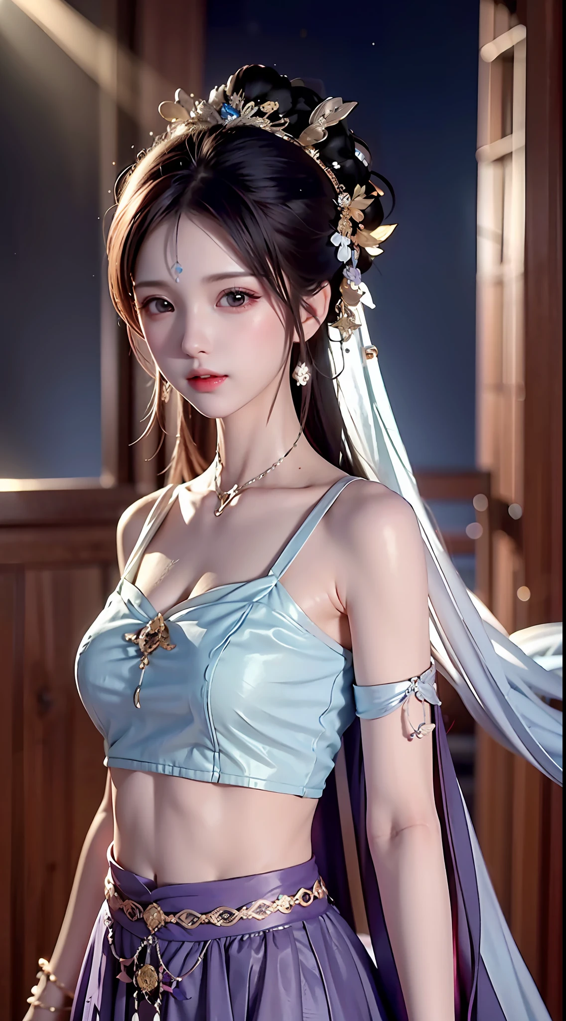 Bust photo, a beautiful woman, messy hair, girly, symmetrical bun, hair accessories, jewelry, delicate face, eye shadow, purple top, purple, purple, purple long skirt, Dunhuang style, delicate embroidery, silver decoration, silver streamer, white streamer, light blue streamer, delicate skin, soft light effect, delicate and silky hair, delicate details, eye highlight, fair skin, fine portrayal, extreme details, cinematic quality, thin, slender, broken, hair details, thin bangs, shawl hair, Correct body, shadow, air bangs, 8K, super fine, fine cloth texture, soft, supple, smooth texture, Dunhuang style, delicate pattern, correct hand painting, anatomy correct, accurate, night, dark night, lighting, Tyndall effect, ray tracing, HUD,