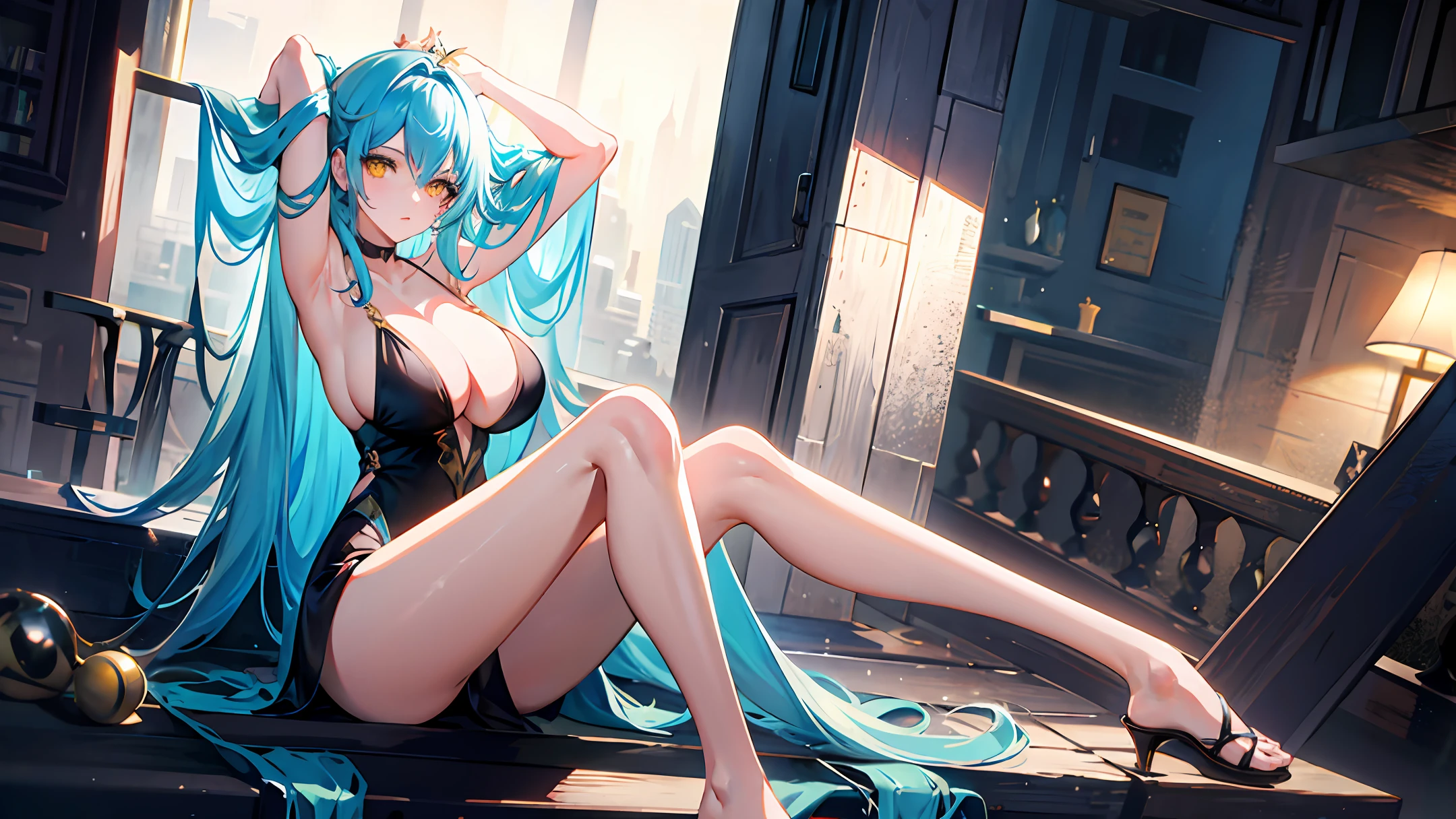 Female, blue light hair, long hair, yellow eyes, big boobs, legs, long dress, collarbone, bare shoulder, sitting, arms up, in building, looking at viewer