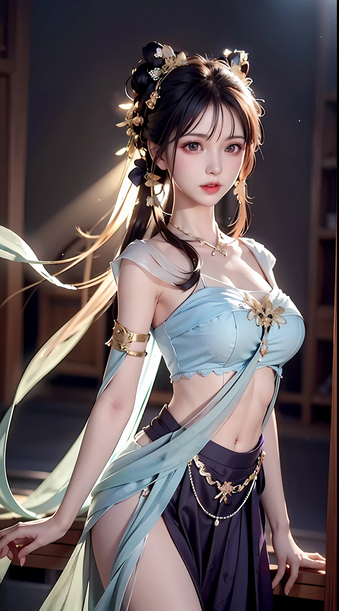 Bust photo, a beautiful woman, messy hair, girly, symmetrical bun, hair accessories, jewelry, delicate face, eye shadow, purple top, purple, purple, purple long skirt, Dunhuang style, delicate embroidery, silver decoration, silver streamer, white streamer, light blue streamer, delicate skin, soft light effect, delicate and silky hair, delicate details, eye highlight, fair skin, fine portrayal, extreme details, cinematic quality, thin, slender, broken, hair details, thin bangs, shawl hair, Correct body, shadow, air bangs, 8K, super fine, fine cloth texture, soft, supple, smooth texture, Dunhuang style, delicate pattern, correct hand painting, anatomy correct, accurate, night, dark night, lighting, Tyndall effect, ray tracing, HUD,