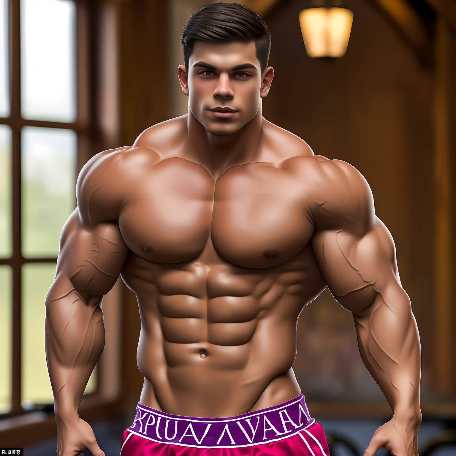 18 year old frat bro, super buff and cool, with a cute babyface, confidently flaunts his bodybuilding-inspired attire with charm and style he soaks up the sun at a tudor revival fraternity house, upper body