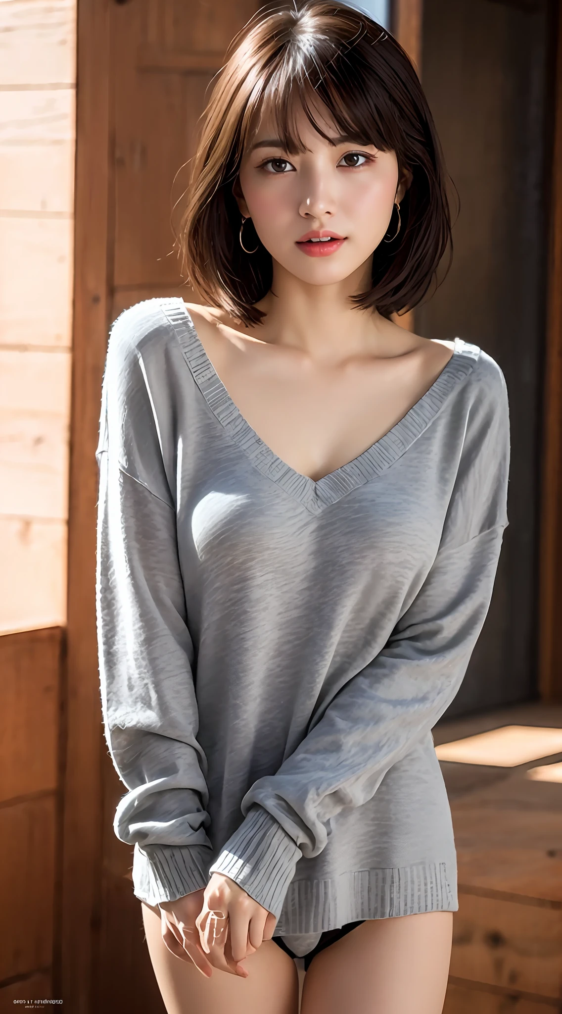 (8k, RAW photos, top quality, masterpiece: 1.2), ultra detailed, super resolution, (real, real photos: 1.37), portraits, high definition RAW color photos, professional photos, very detailed and beautiful, highly detailed, 8k wallpapers, amazing details, huge file size, official art, highly detailed CG Unity 8k wallpapers, highly detailed beautiful girls, highly detailed faces, Highly Detailed Eyes, Highly Detailed Skin, Highly Detailed Fingers, Very Detailed Nose, Highly Detailed Detailed Mouth, Perfect Anatomy, Detailed Background, Detailed Clothes, One Girl, (20:1.2), 20s, Cute Girl, Realistic Body, Petite, White Skin, Radiant Skin, Slim Body, Black Hair, Short Hair, (Blunt Bangs: 1.2), Cute, Youthful, Pretty Face, Realistic Face, Delicate Eyes, Sale Eyes, ( (Long sweater)), ((No pants)), ((bare legs)), ((Up)), ((Full body shot)), (No bra)))), Earrings, Looking at the camera, Cowboy shot, Facing Front, Standing Posture, Contrapposto, Dynamic Lighting, C Cup,