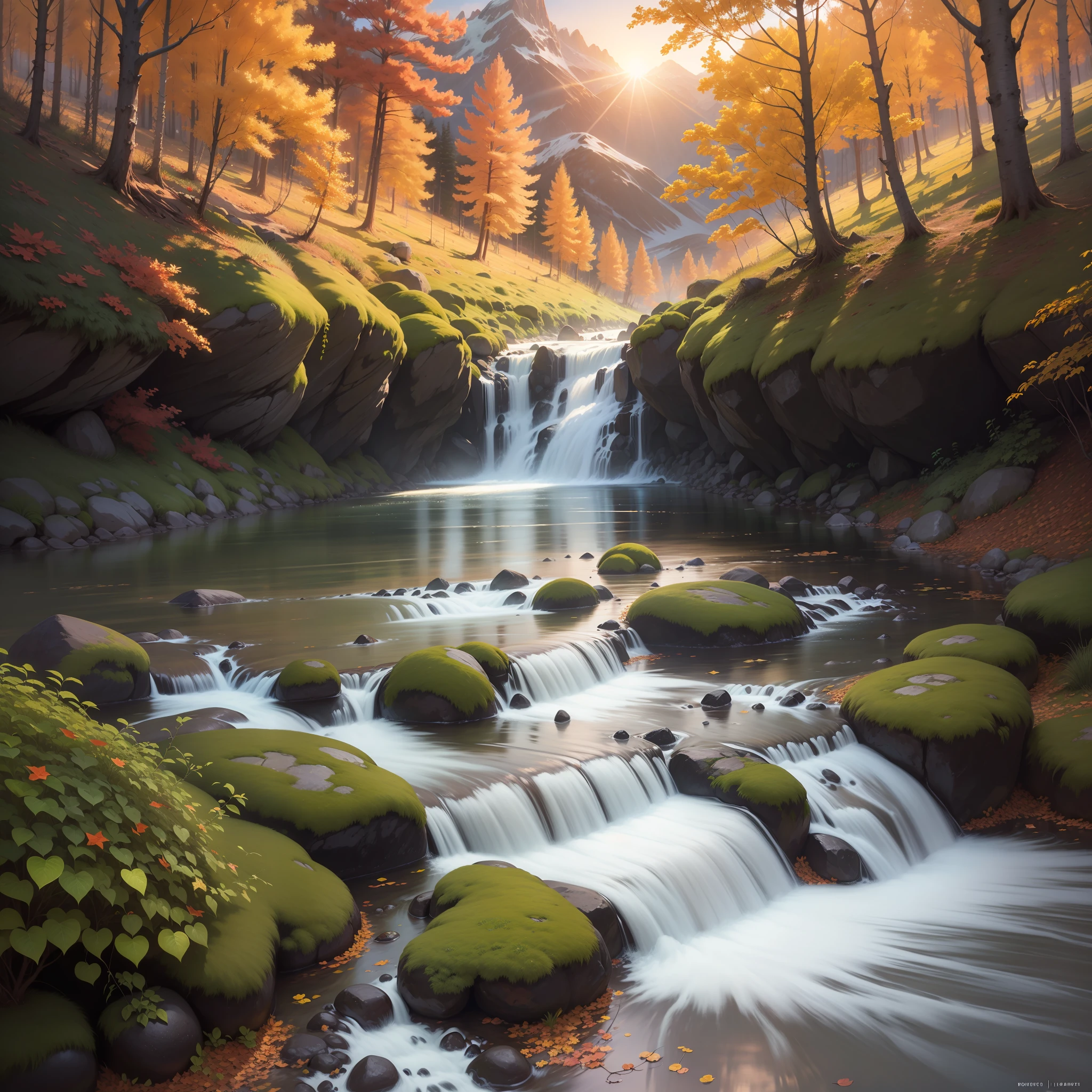realistic background mountain stream sun