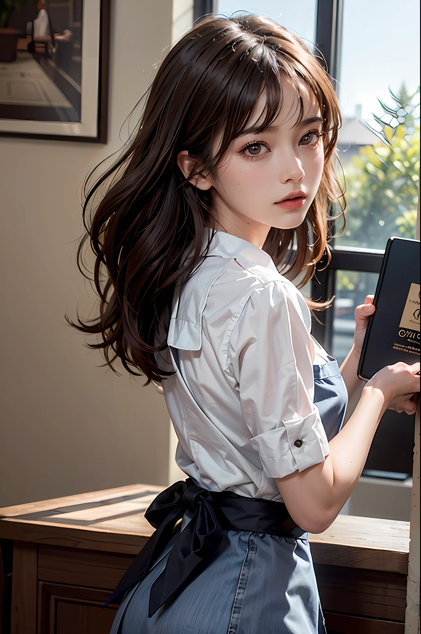 (Masterpiece: 1.3), (8k, Photorealistic, RAW Photo, Best Quality: 1.4), (1girl), Shallow depth of field, Face in focus, Soft Focus, Beautiful Face, (Backlit: 1.5), (Ambient: 1.3), (Realistic Face), (Black Hair, Medium Short: 1.3), Loose Wavy Hair, Short Bangs, Realistic Eyes, dark brown eyes, highlights in pupils, beautiful detail eyes, (plenty of natural light), (realistic skin), beautiful skin, (blouse with white collar), (apron), (carrying a small coffee cup with a big tray), absurd, attractive, ultra high resolution, ultra realistic, high definition, golden ratio, detailed dining café background, specialty coffee, coffee roastery, Backlit from the back window, pale skylight with natural light, natural light lighting from diagonally in front of the face