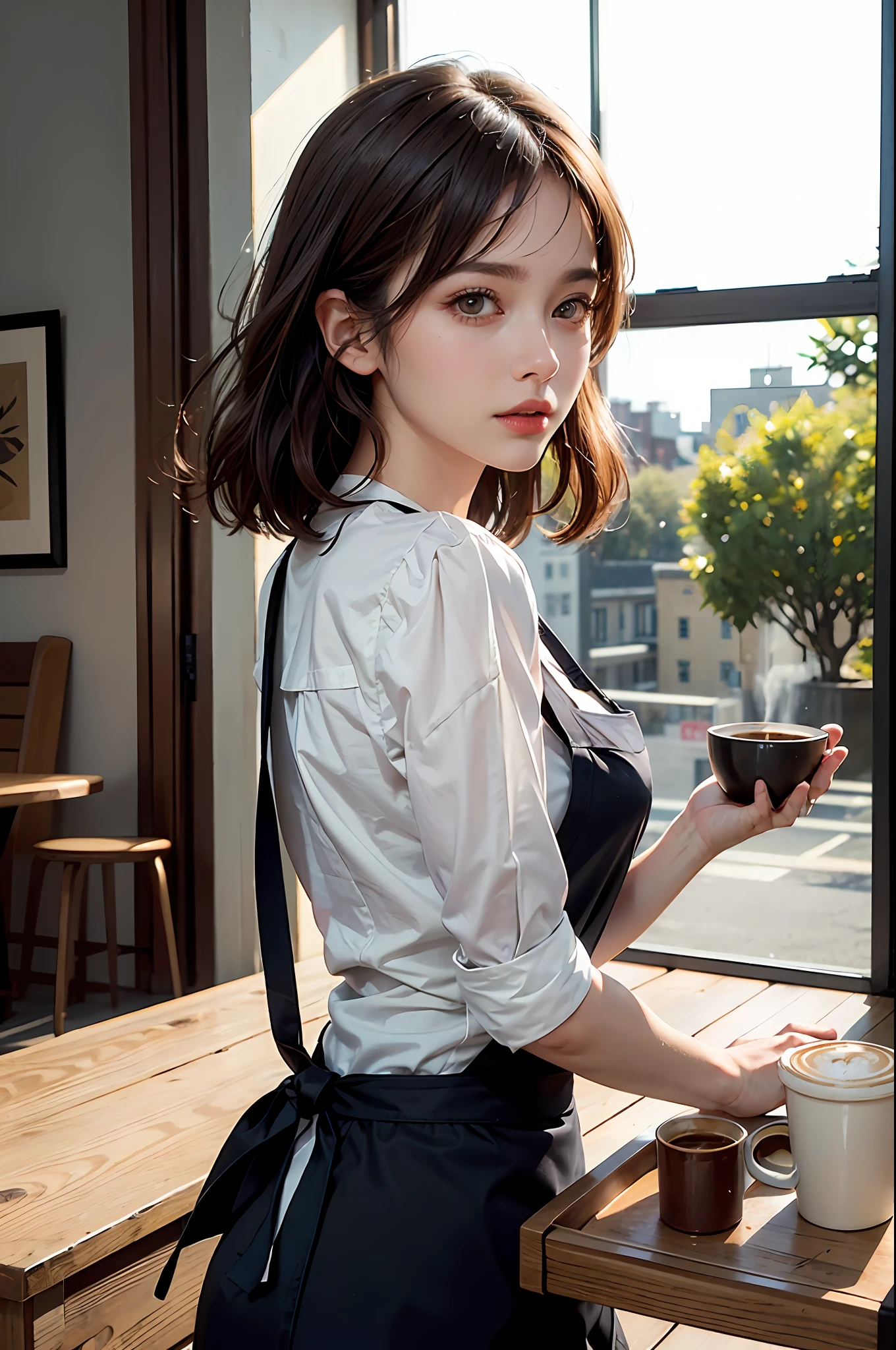 (Masterpiece: 1.3), (8k, Photorealistic, RAW Photo, Best Quality: 1.4), (1girl), Shallow depth of field, Face in focus, Soft Focus, Beautiful Face, (Backlit: 1.5), (Ambient: 1.3), (Realistic Face), (Black Hair, Medium Short: 1.3), Loose Wavy Hair, Short Bangs, Realistic Eyes, dark brown eyes, highlights in pupils, beautiful detail eyes, (plenty of natural light), (realistic skin), beautiful skin, (blouse with white collar), (apron), (carrying a small coffee cup with a big tray), absurd, attractive, ultra high resolution, ultra realistic, high definition, golden ratio, detailed dining café background, specialty coffee, coffee roastery, Backlit from the back window, pale skylight with natural light, natural light lighting from diagonally in front of the face