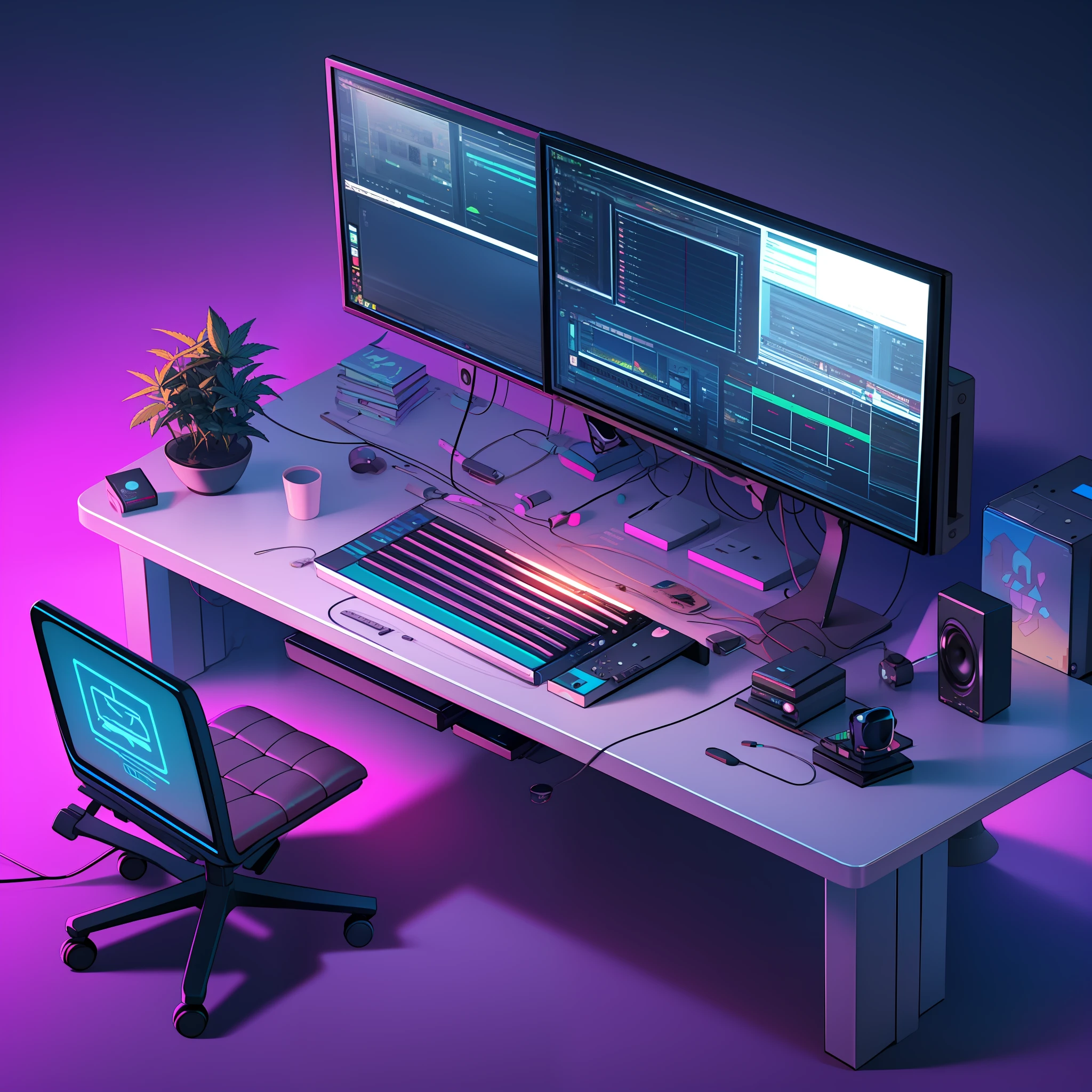 Isometric Music producers computer desk, speakers, monitors, marijuana bong, soft light lamp, cinematic, raytracing, modeling, octane render,unreal render,behance,best quality, 8k,