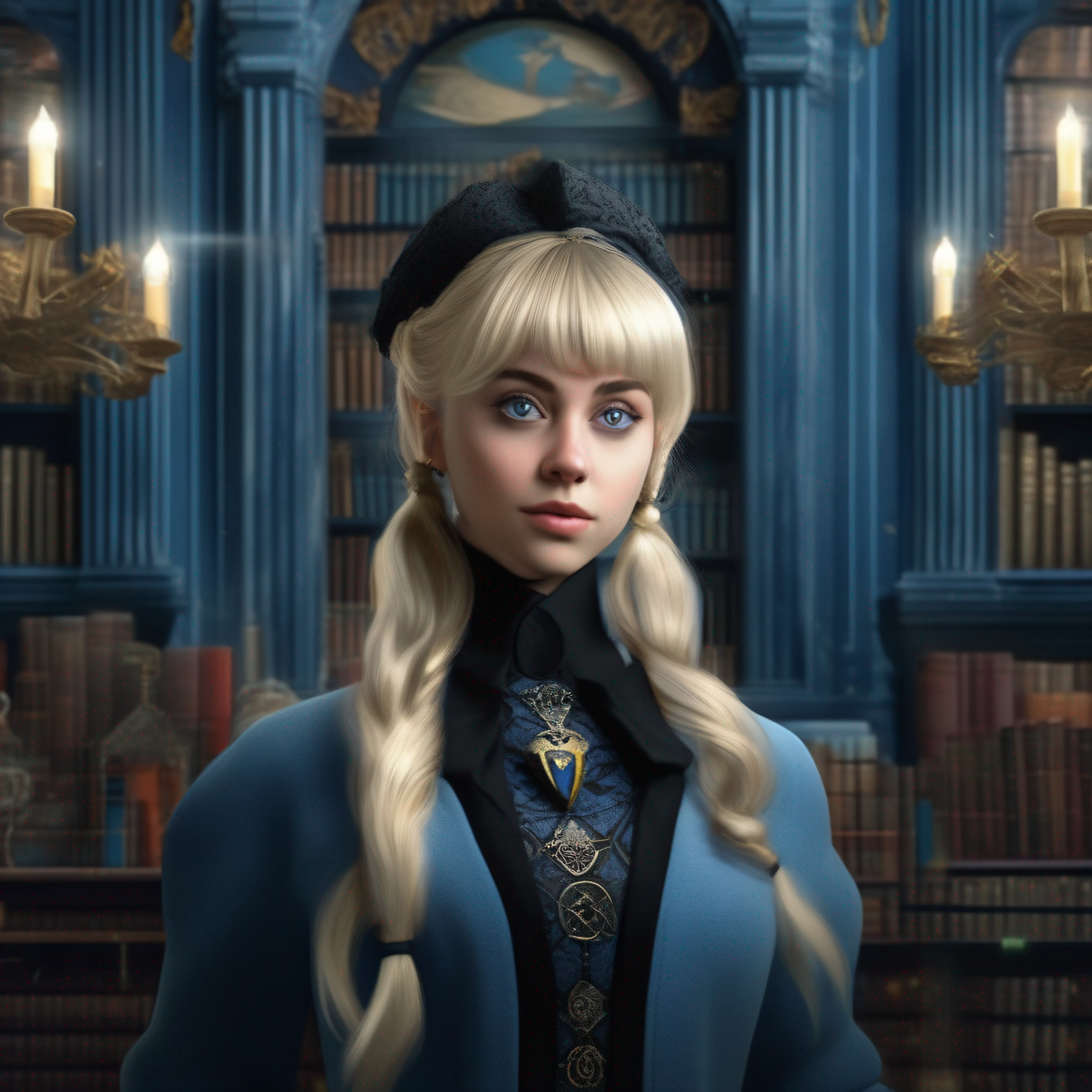 (masterpiece:1.2), best quality, absurdities, high detail, focus sharp, a woman with a library with luxurious light blue ornaments behind, she has blonde hair with a black lock on her bangs that is her individuality, she is with a confident face with a Ravenclaw house dress, black coat, light blue shirt with brooch, Ravenclaw, vintage antique fashion,  Ravenclaw Student, confident, badass pose