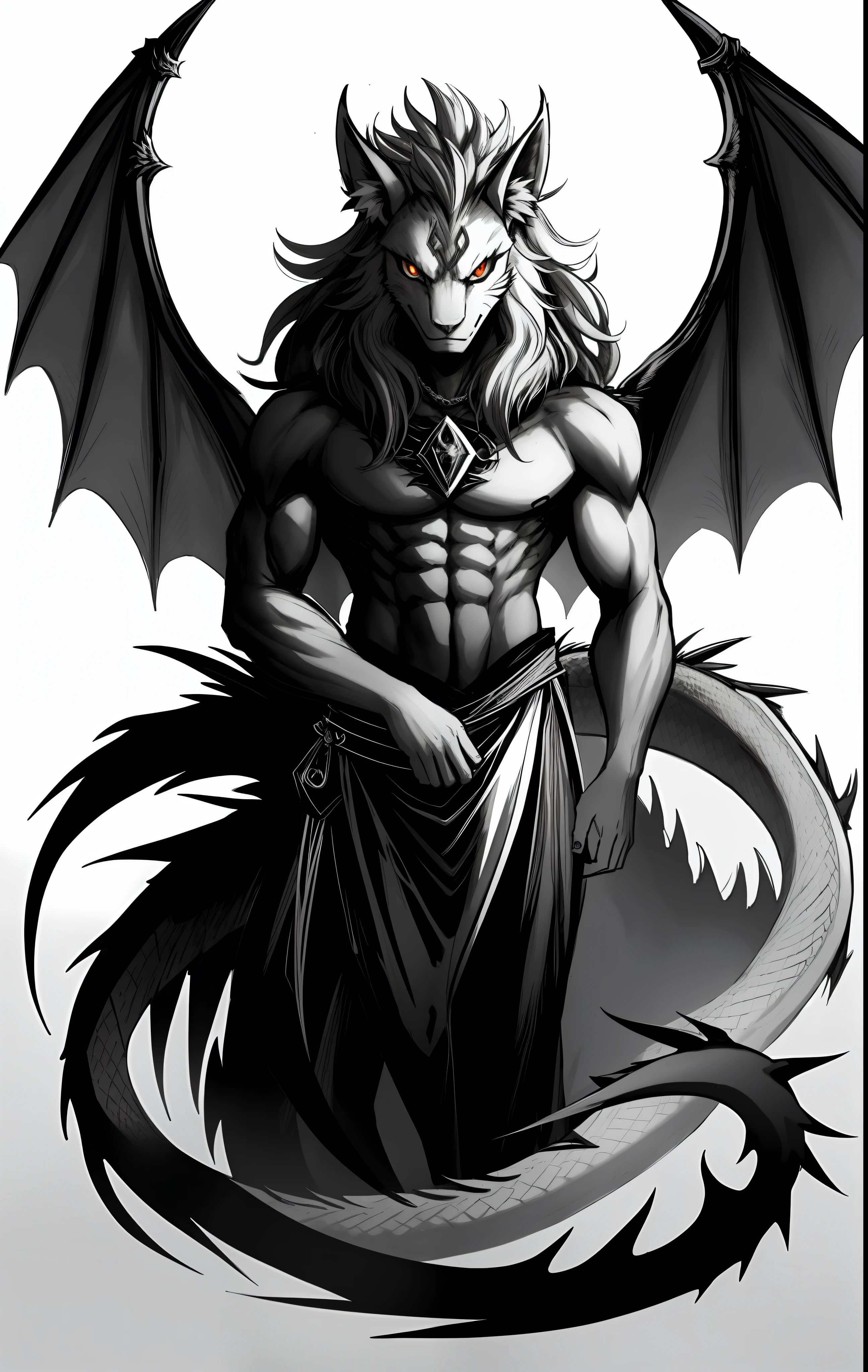 Chimera man with hair that resembles a mane, with three eyes on the left side of the face, dragon wings and with fox tail, evil, young look