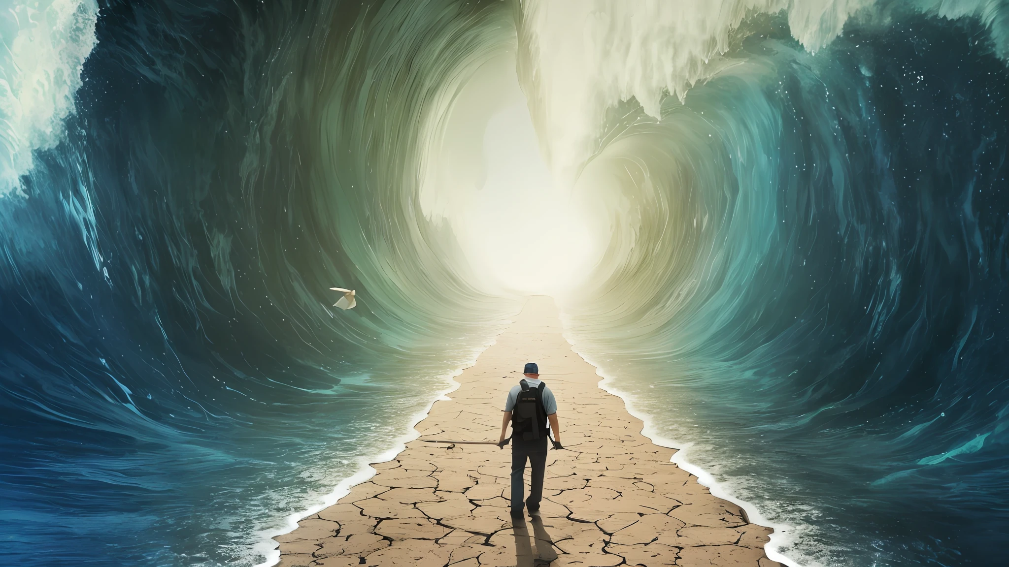 Arafed old man white beard and fulfilled with a staff in hand walking on a path through a big wave, standing in a whirlwind, tsunami behind him, Cyril Rolando and M.W Kaluta, Cyril Rolando and M. W Kaluta, incredible depth, tunnels lead to different worlds, epic surrealism oil painting 8k, surreal photo,  Coming out of the ocean, open portal to another dimension
