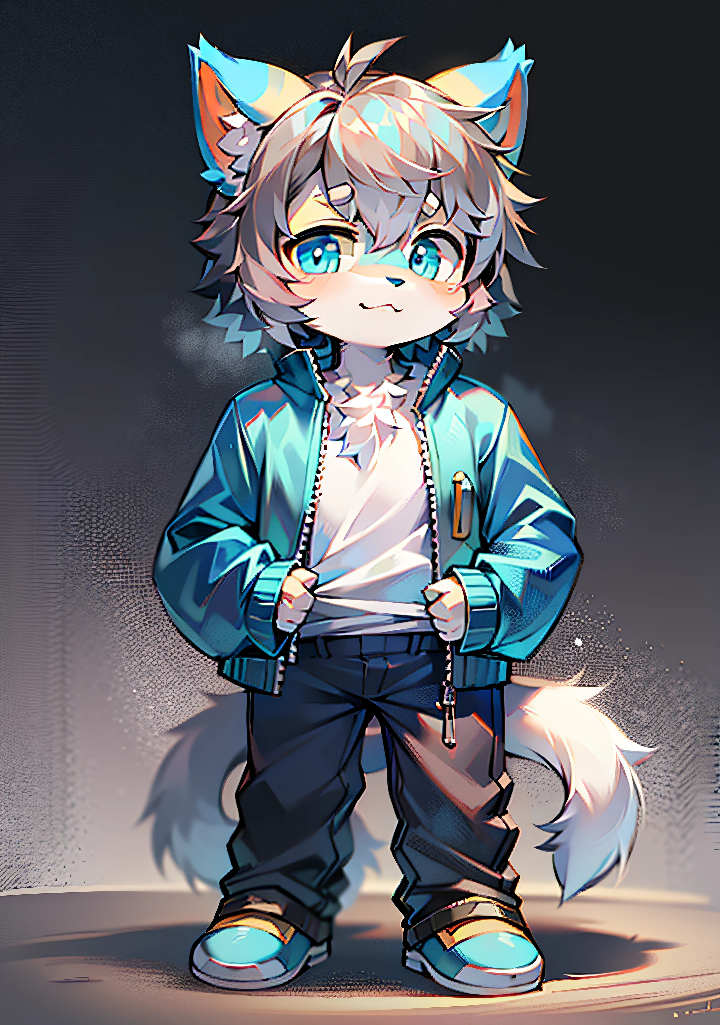 Bright eyes, character bust photo, Q version, avatar frame, character focus, solo, furry, furry male cat, male yellow-white fur, blue eyes, gray hair (long) **** style, little cute, will sell cute, wearing blue clothes and pants, has a tail